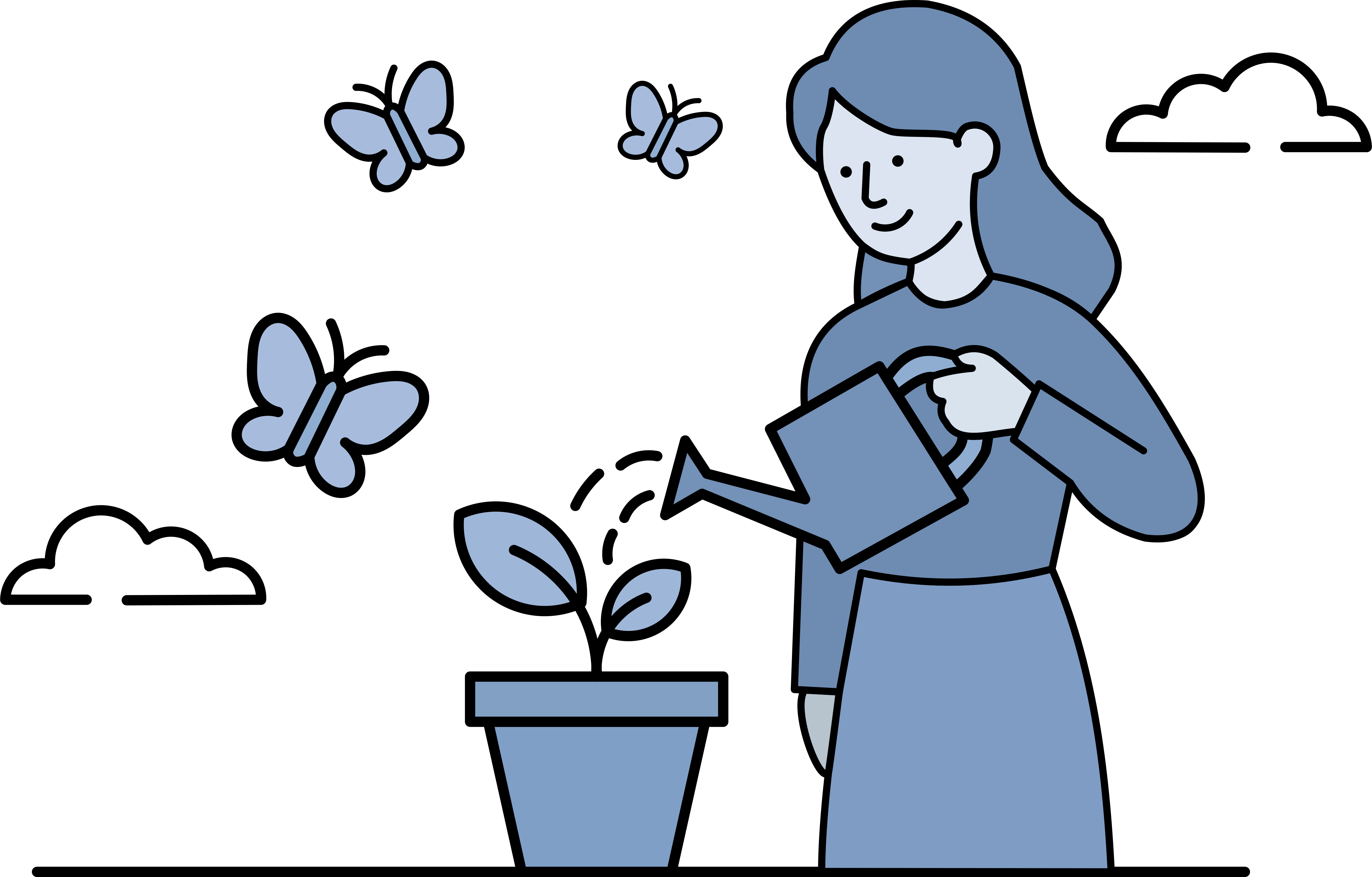 女性が蝶が飛び回る鉢植えに水をやっている。
