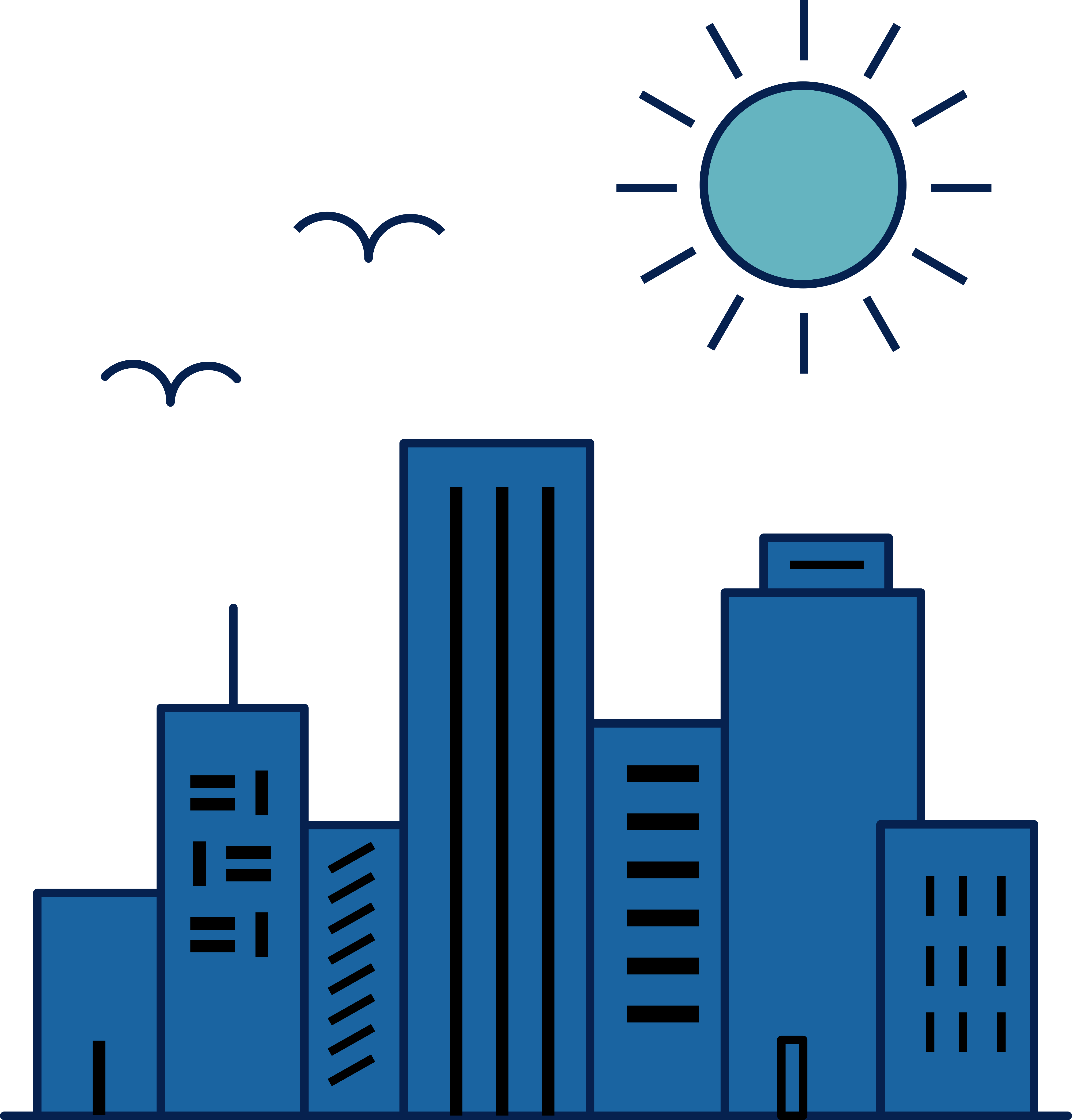 Stilisierte blaue Stadtsilhouette unter strahlender Sonne mit Vögeln.