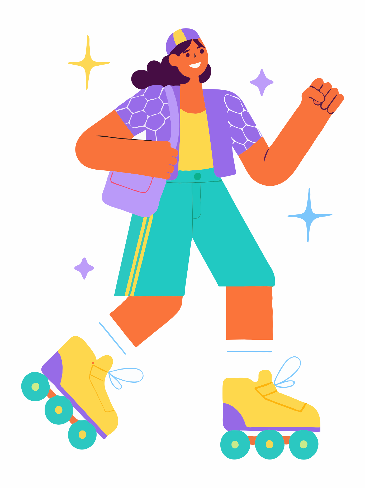 Jovem feliz patinando com roupas esportivas coloridas.
