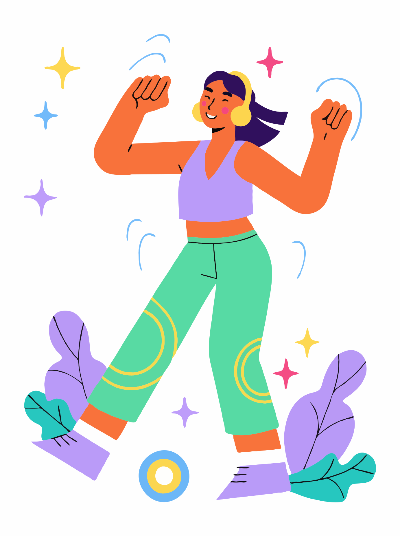 An animated woman with headphones dances happily.