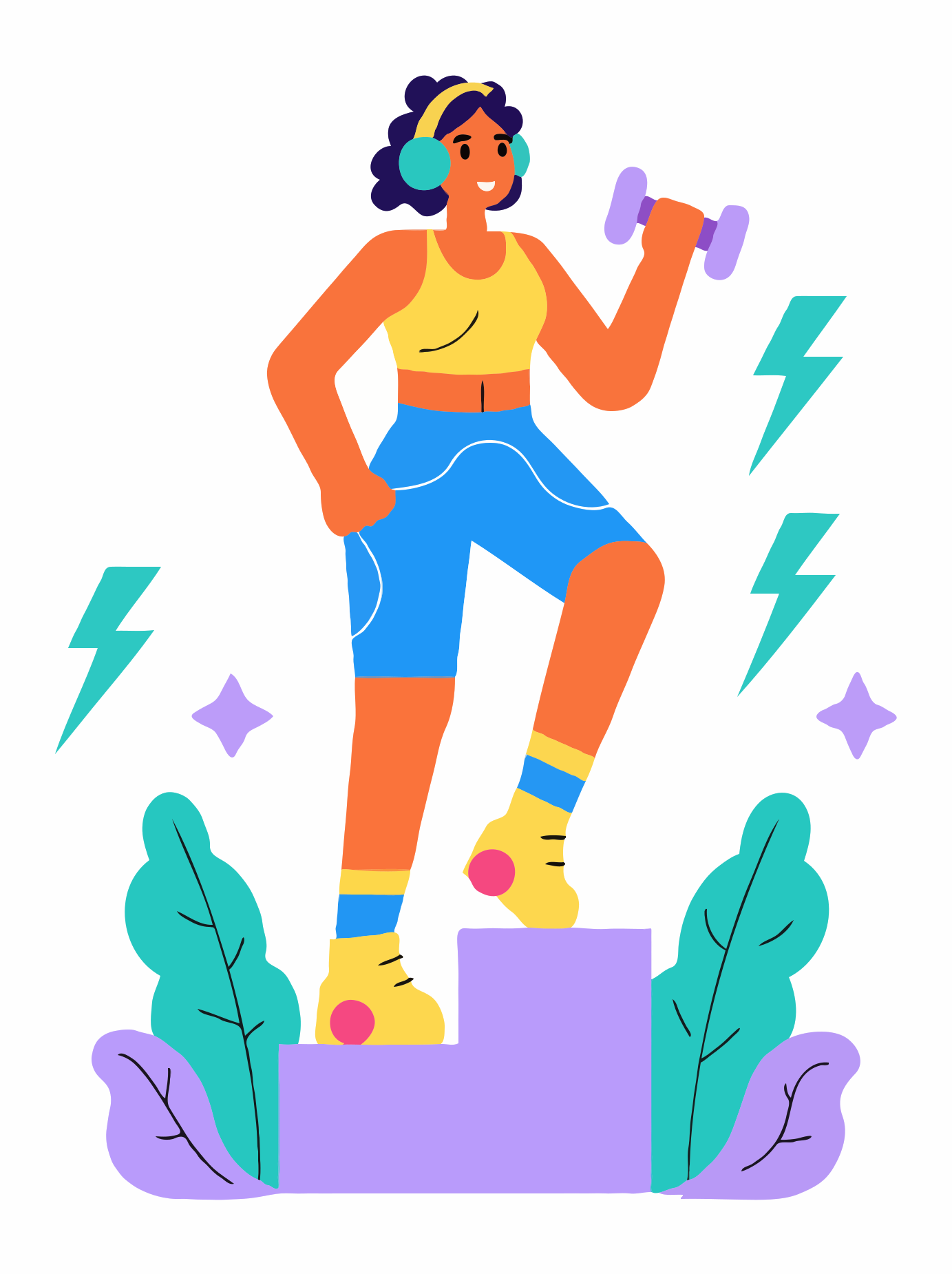 Illustrated woman exercising with dumbbell and headphones on a step.