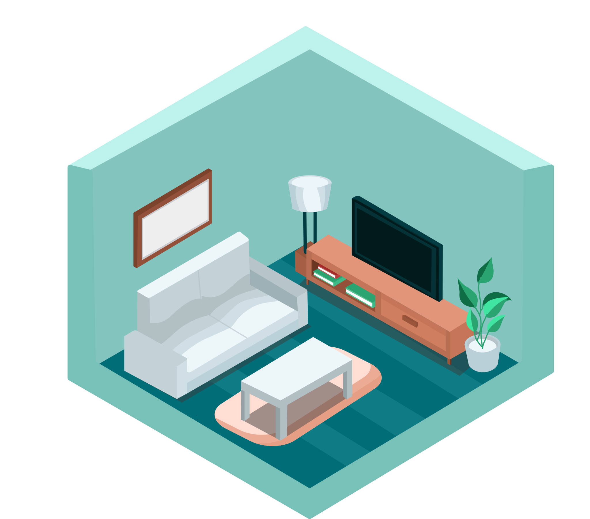 Sala isométrica com sofá, TV e mesa de centro.