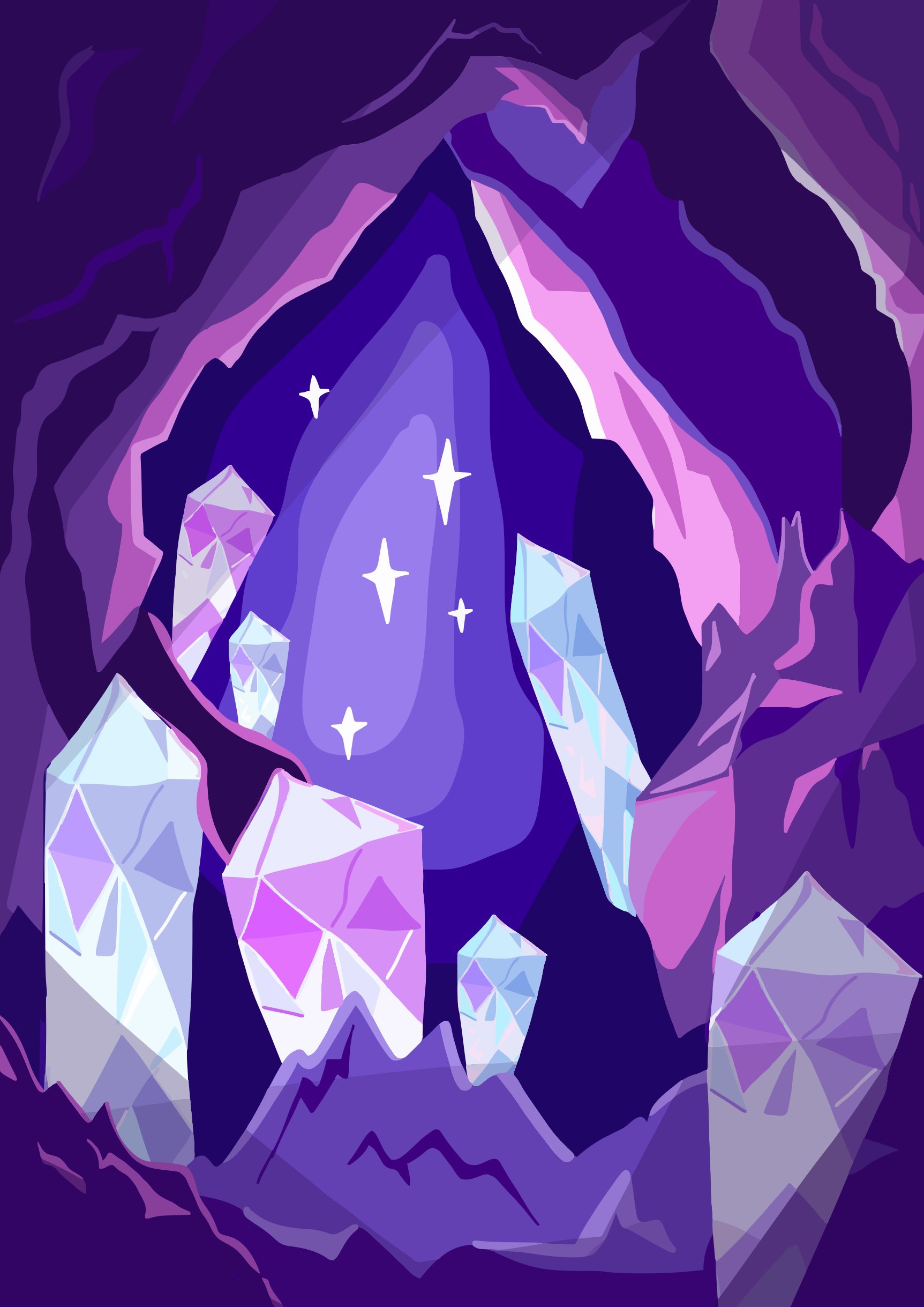 Una cueva púrpura mística llena de cristales y estrellas brillantes.
