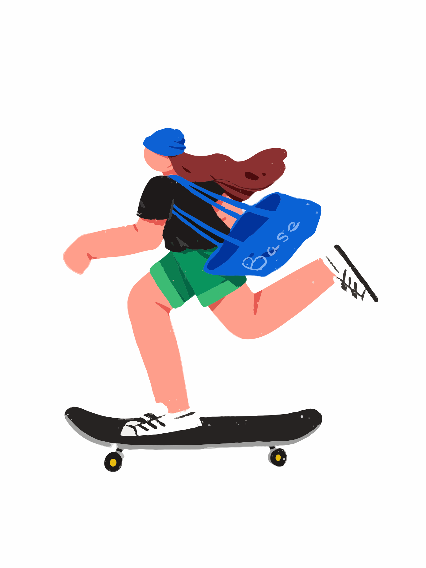 A person skateboarding with a blue bag and beanie.
