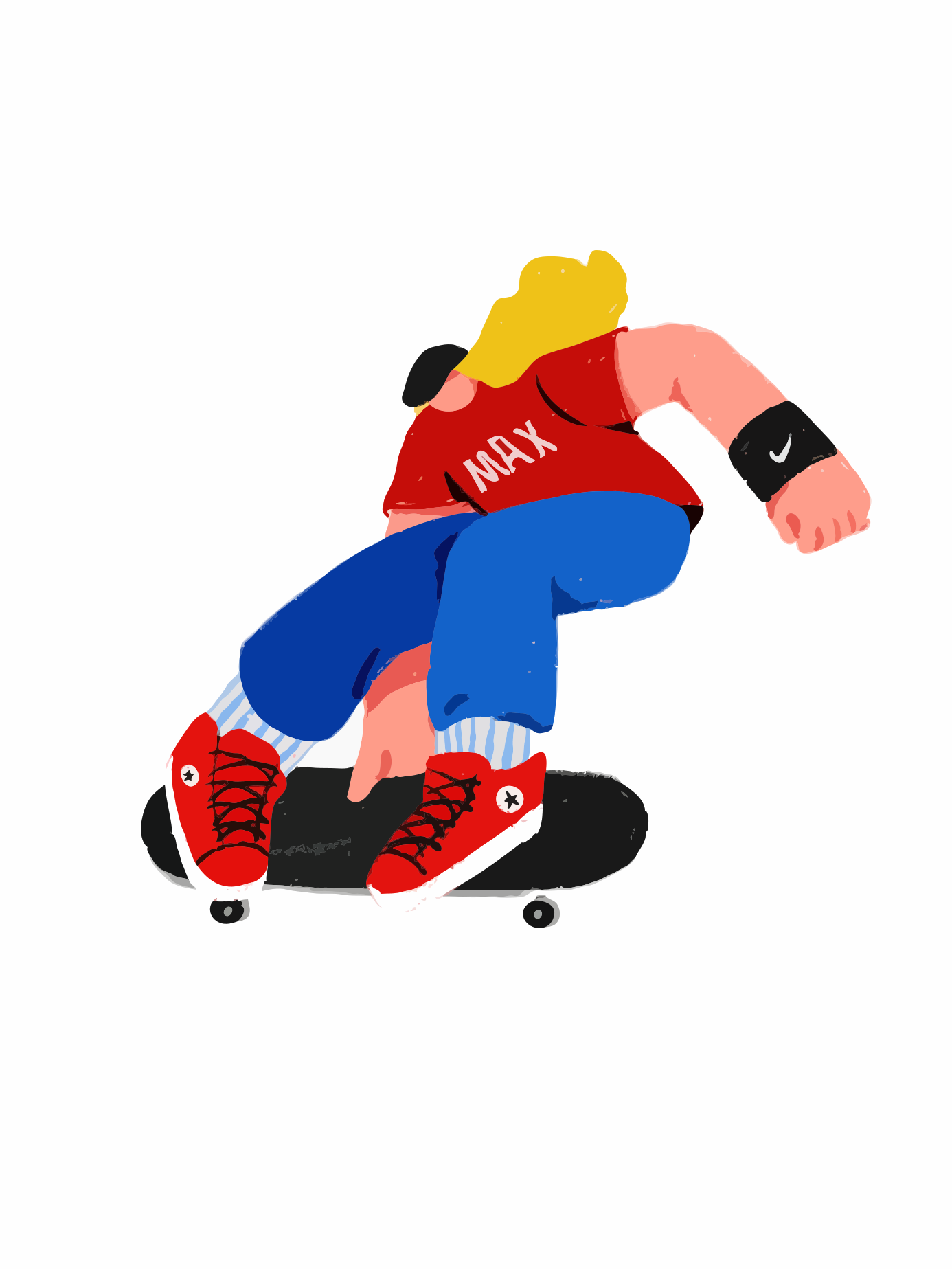 Blonde person skateboarding wearing a red shirt and blue pants.