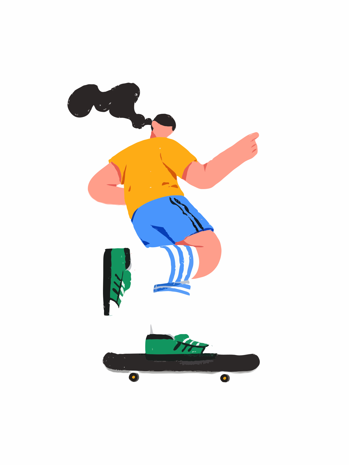 Stylized person in mid-air above a skateboard, pointing.