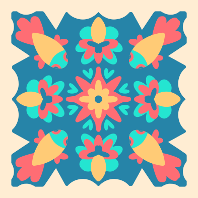 Lebendiges symmetrisches Muster aus Blumen und Fischen auf Blau.
