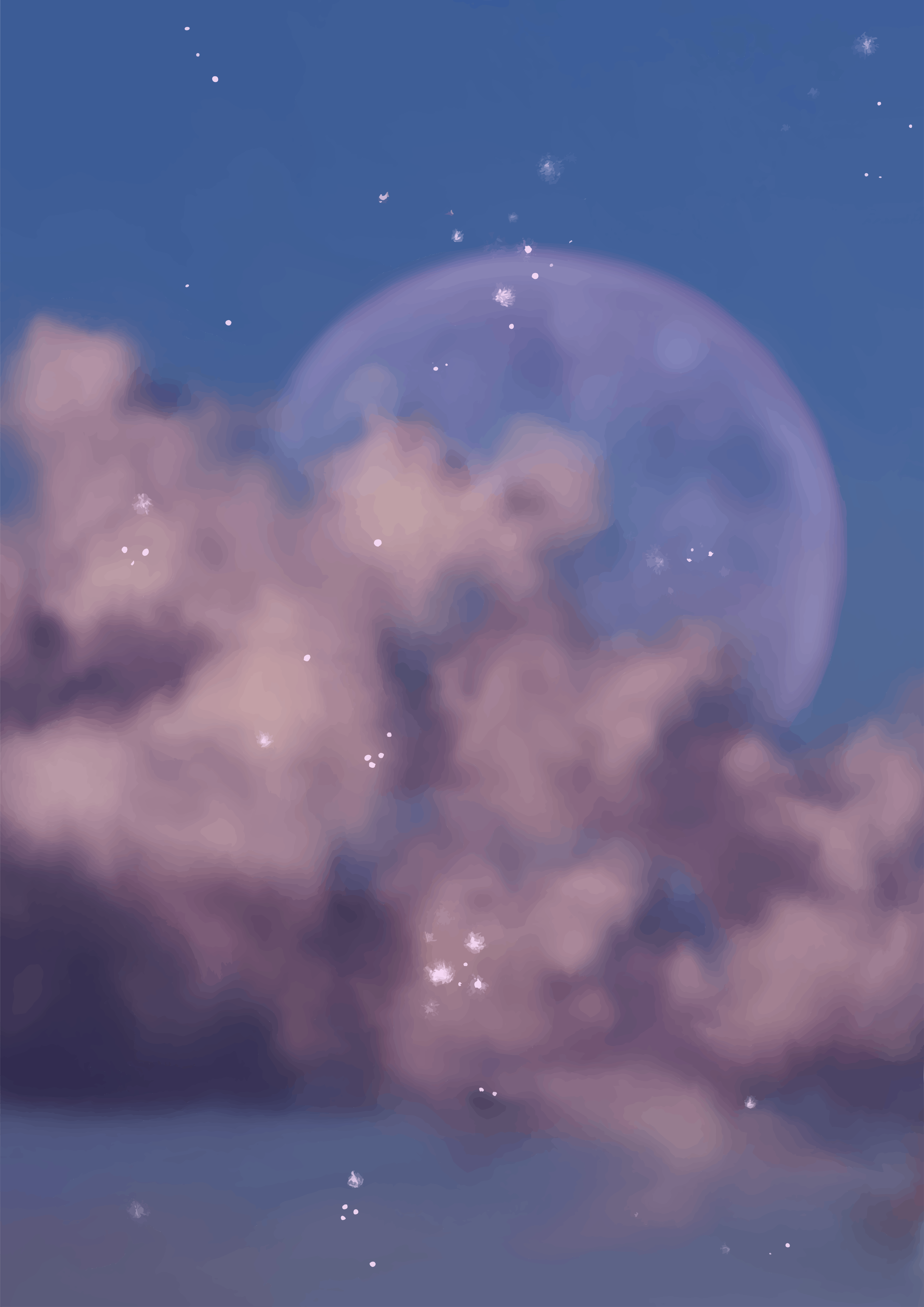 紫色の月とピンク色の雲が輝く夜空。