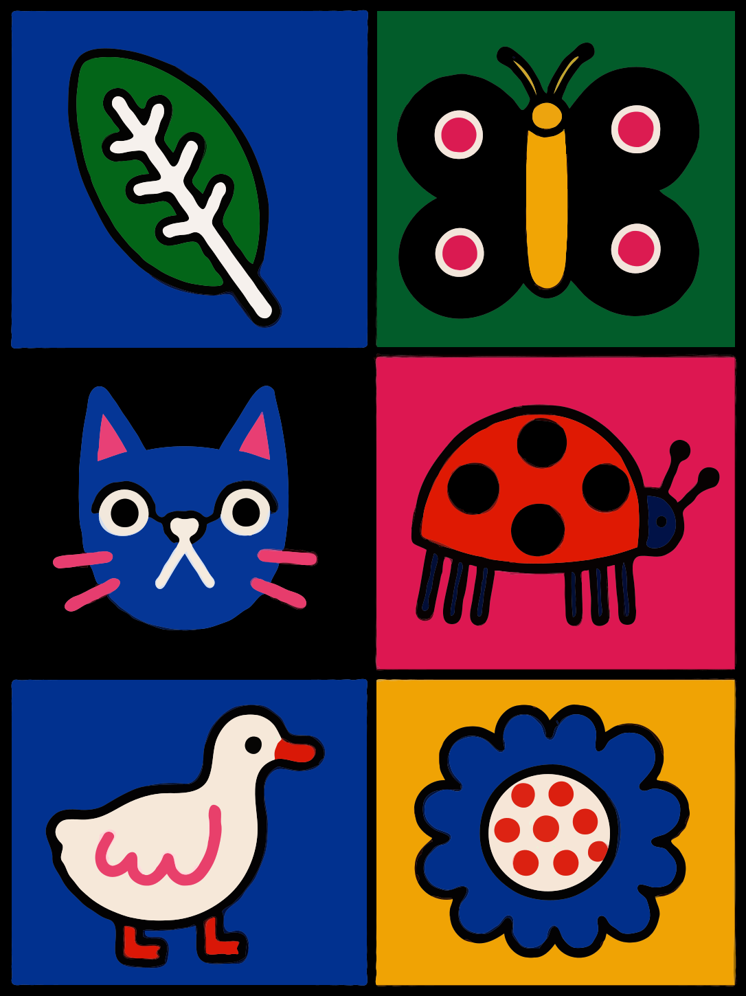 Colorful grid of cartoon leaf, butterfly, cat, ladybug, duck, flower.