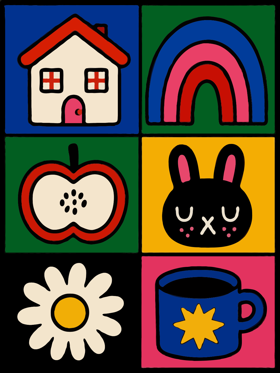 Colorful illustrations: house, rainbow, apple, bunny, daisy, and mug.
