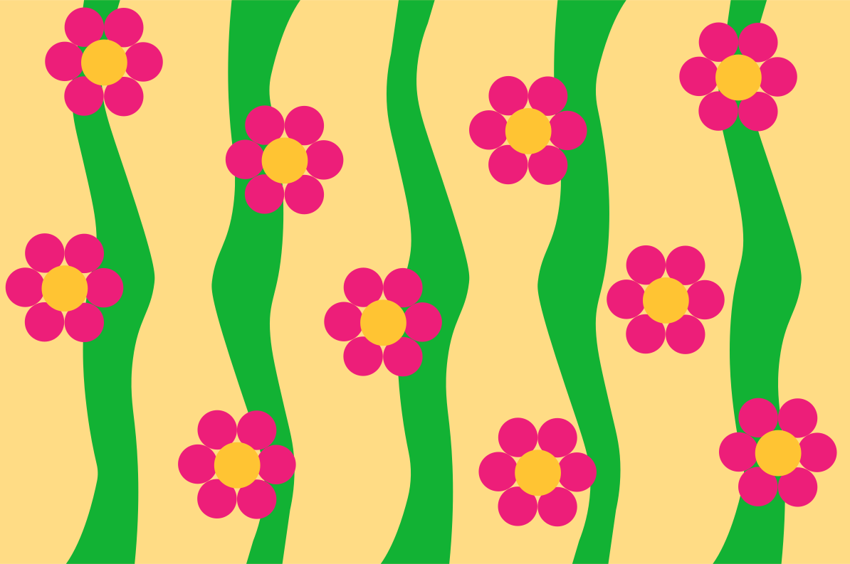 Fondo amarillo con líneas onduladas verdes y flores rosas.