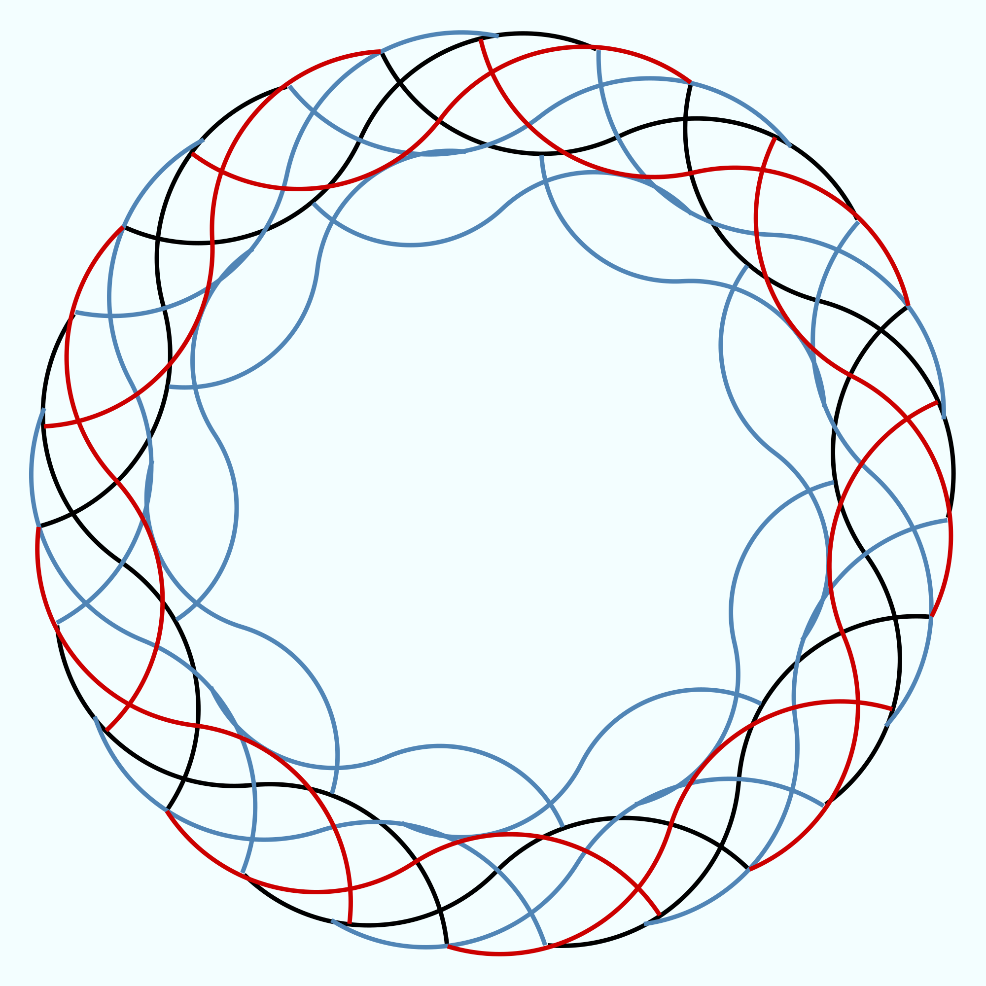 Motivo circolare di rete da pesca con linee nere, rosse e blu