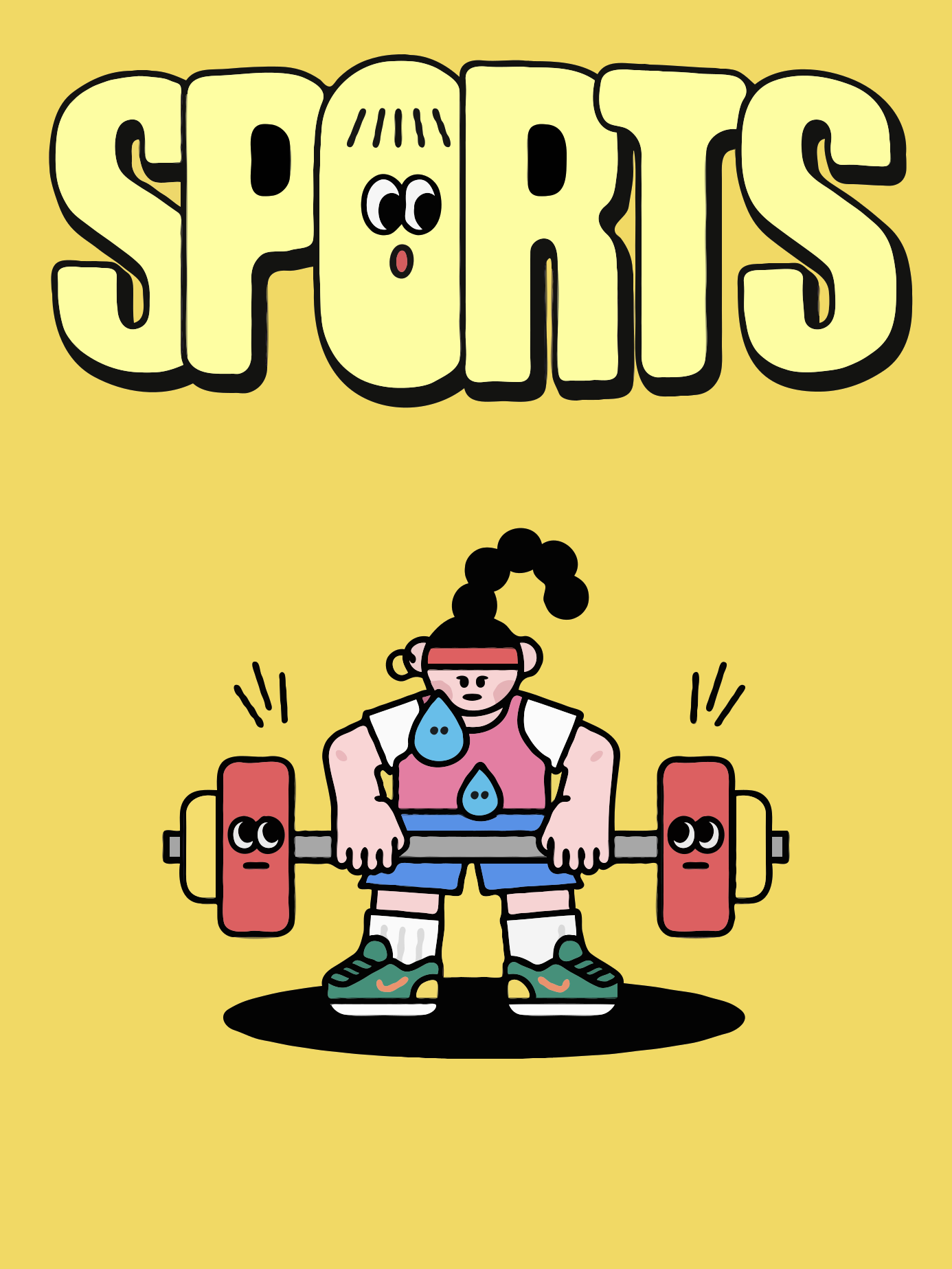 Sweating cartoon character lifts a barbell under "sports" text.