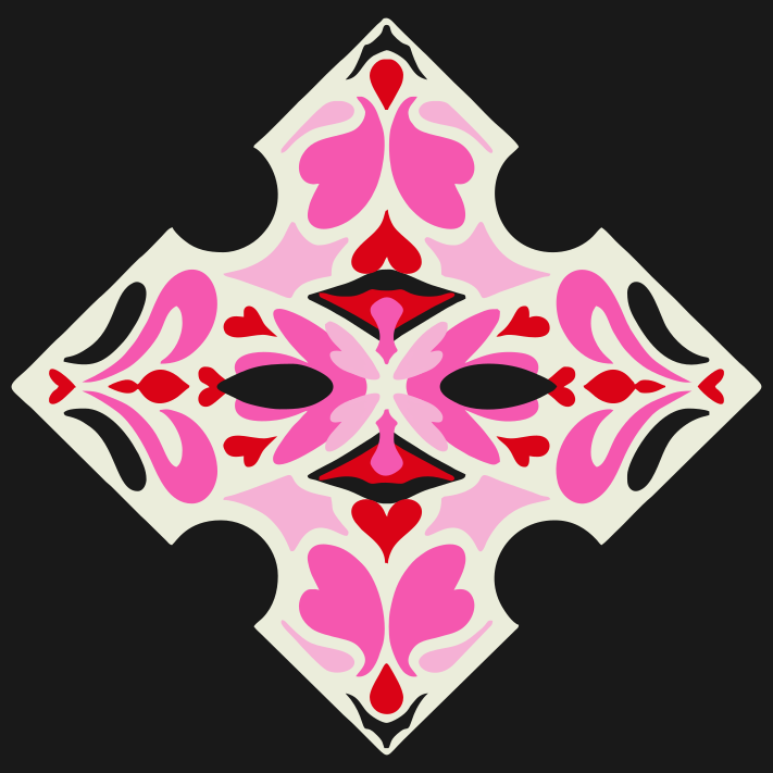 Verziertes rosa und rotes symmetrisches Design auf dunklem Hintergrund.