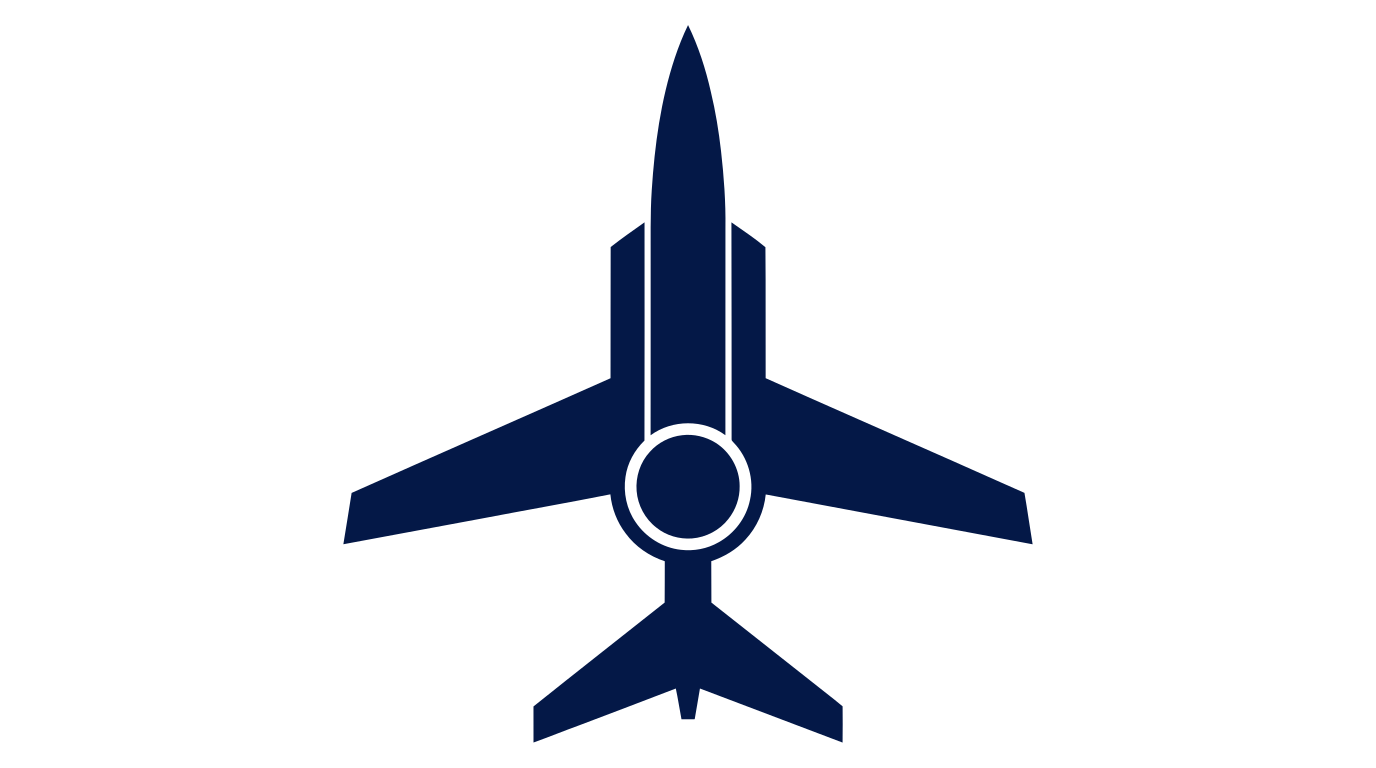Stylized dark blue jet airplane icon on a white background.