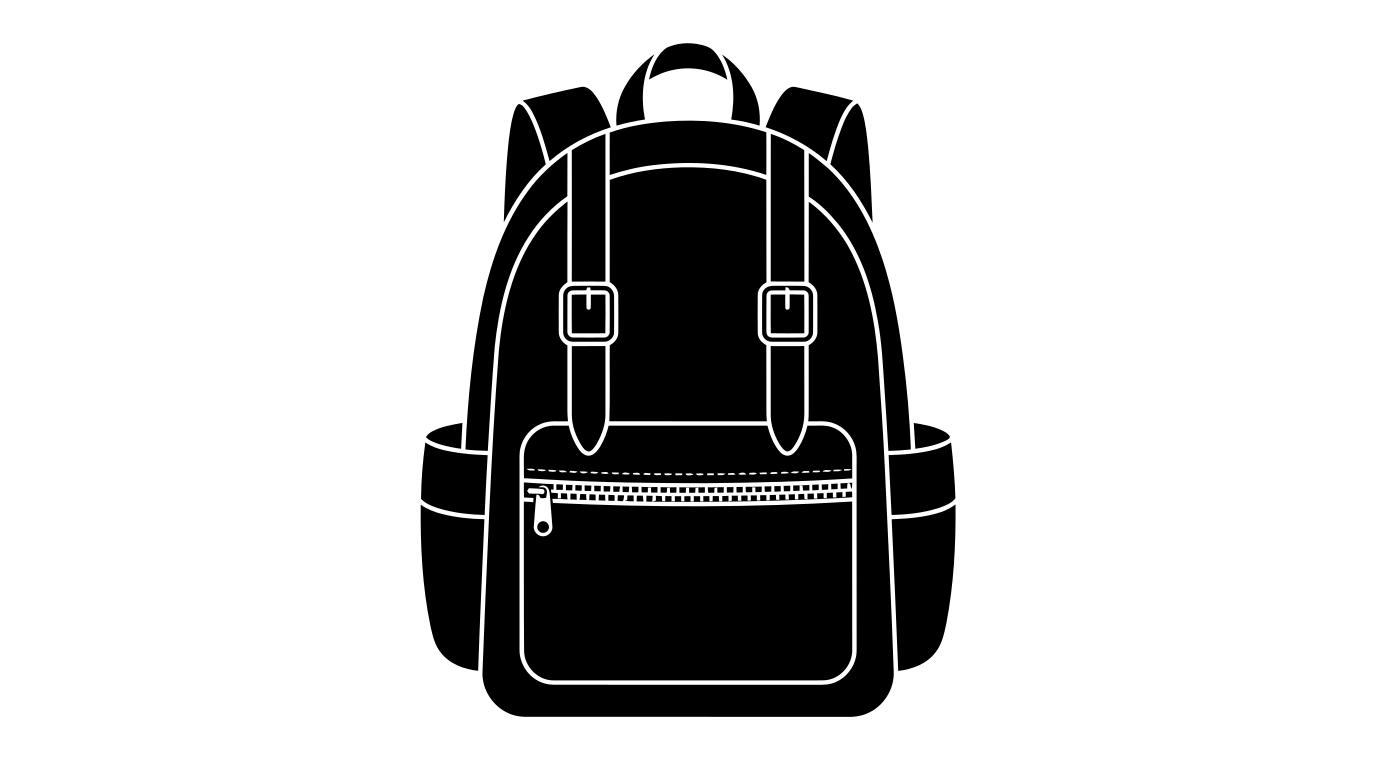 Une silhouette noire d’un sac à dos sur fond blanc.