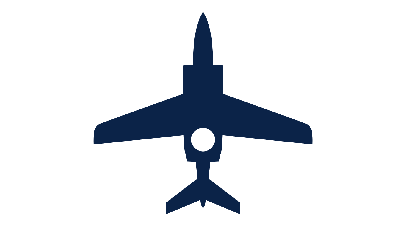 Dark blue silhouette of a jet aircraft on white.