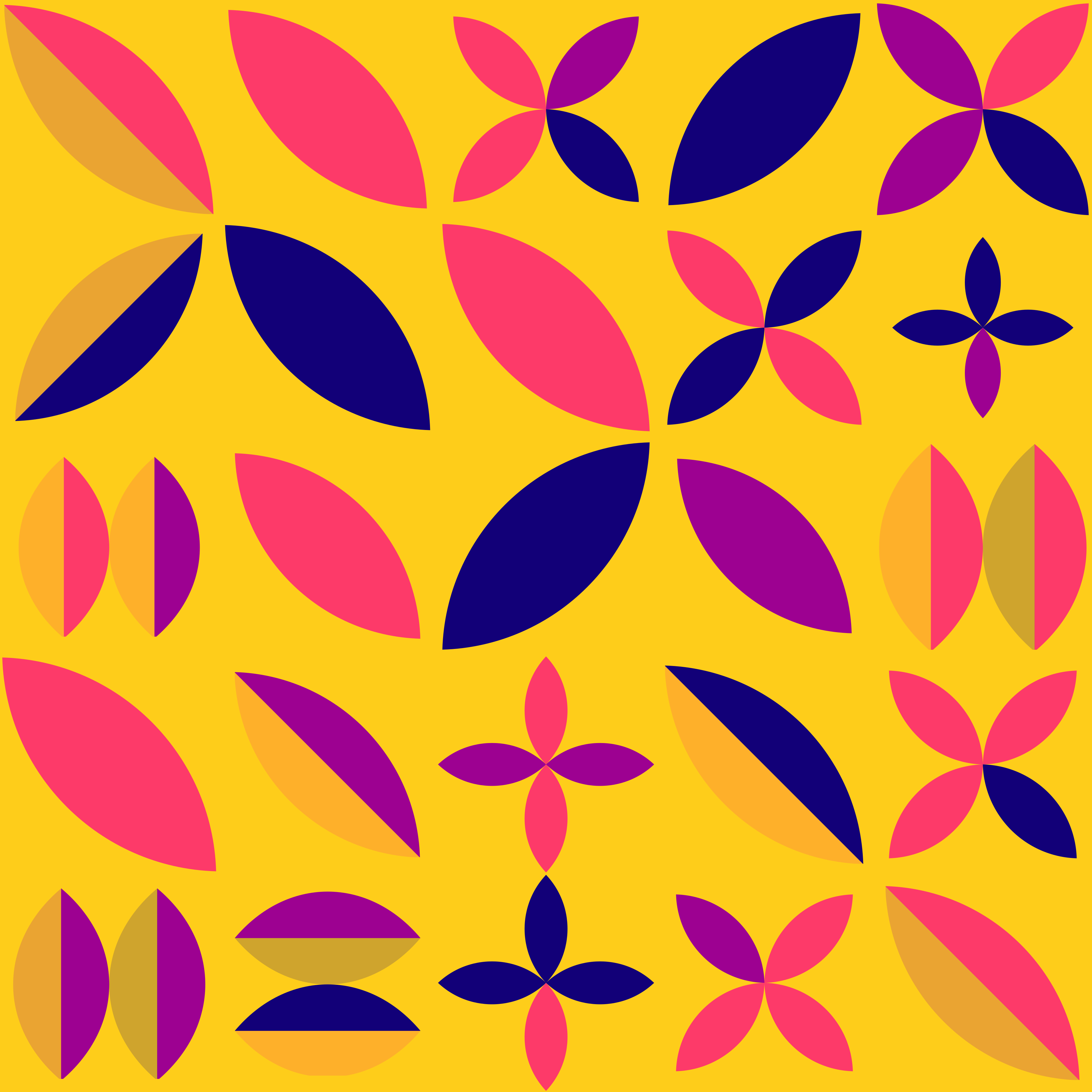 Patrón abstracto de formas coloridas de hojas sobre fondo amarillo.