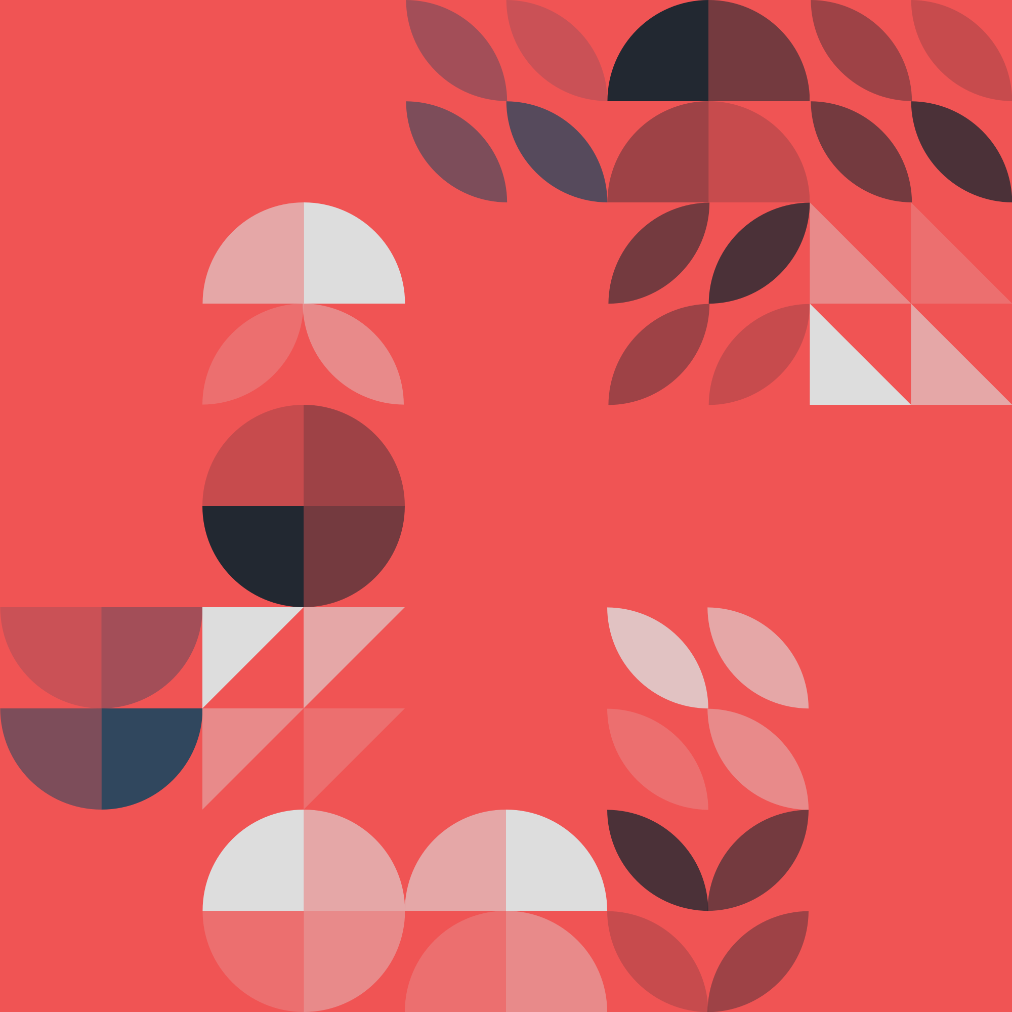 Pola abstrak bentuk geometris berwarna-warni dengan latar belakang merah.