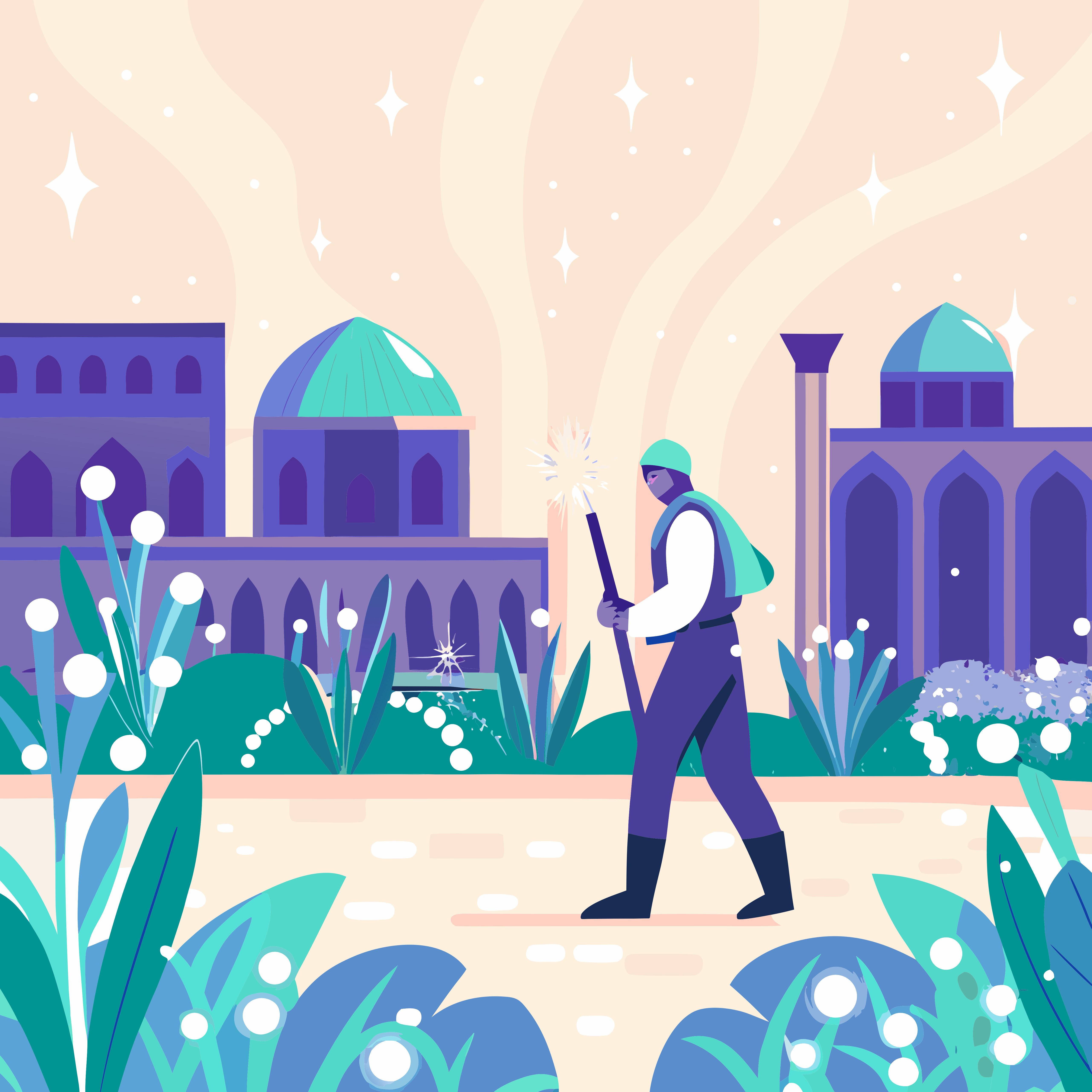A person walks with a glowing staff past ornate buildings.