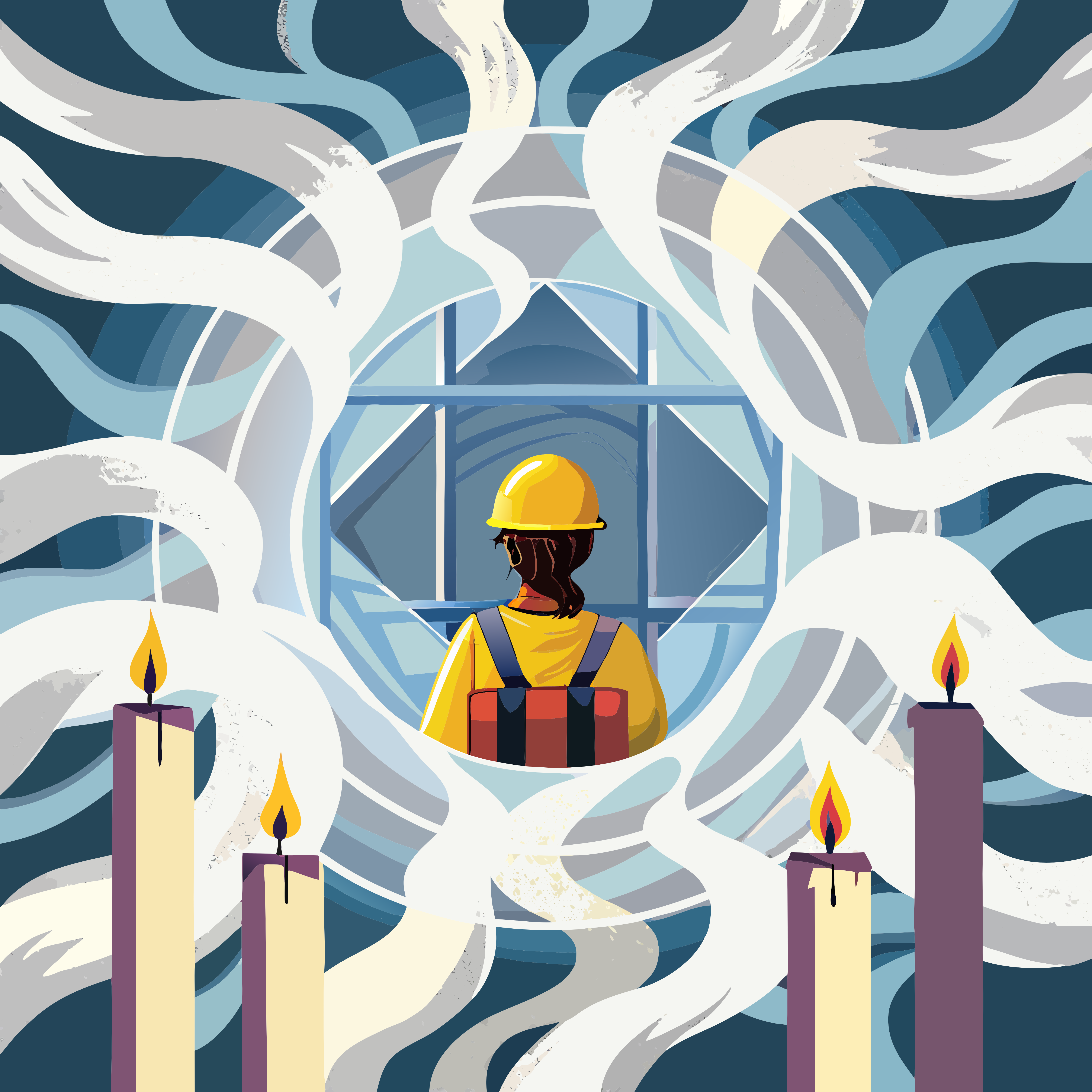 Abstract scene with worker, window, swirling patterns, and burning candles.