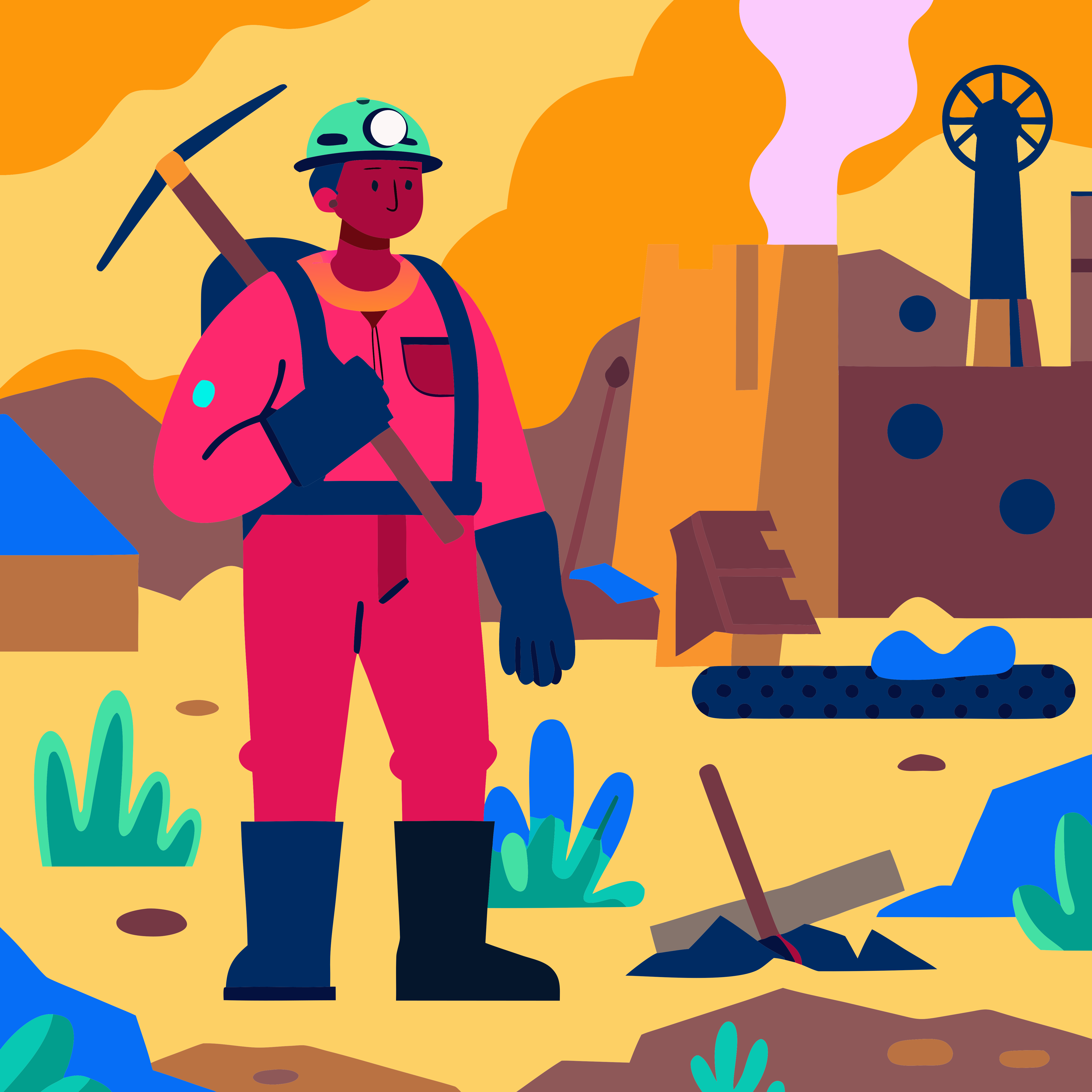 Cartoon miner with pickaxe in a vibrant industrial landscape.
