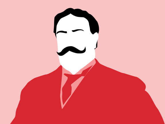 Stylized man in a red suit with a large mustache.