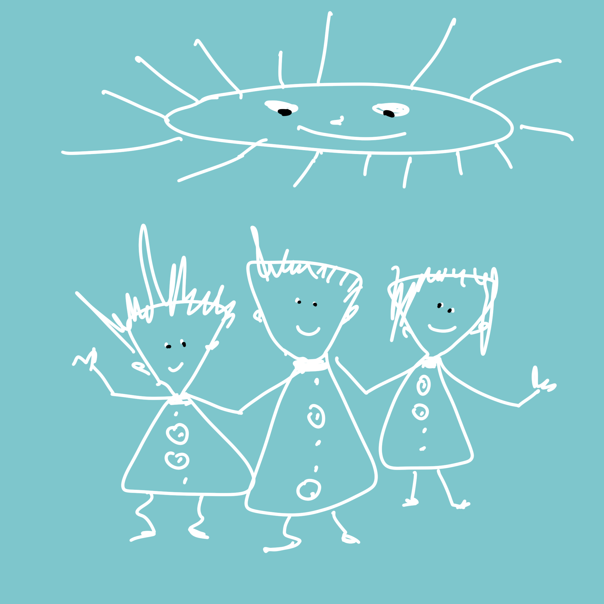Dibujo con ceras blancas del sol y tres figuras sonrientes.