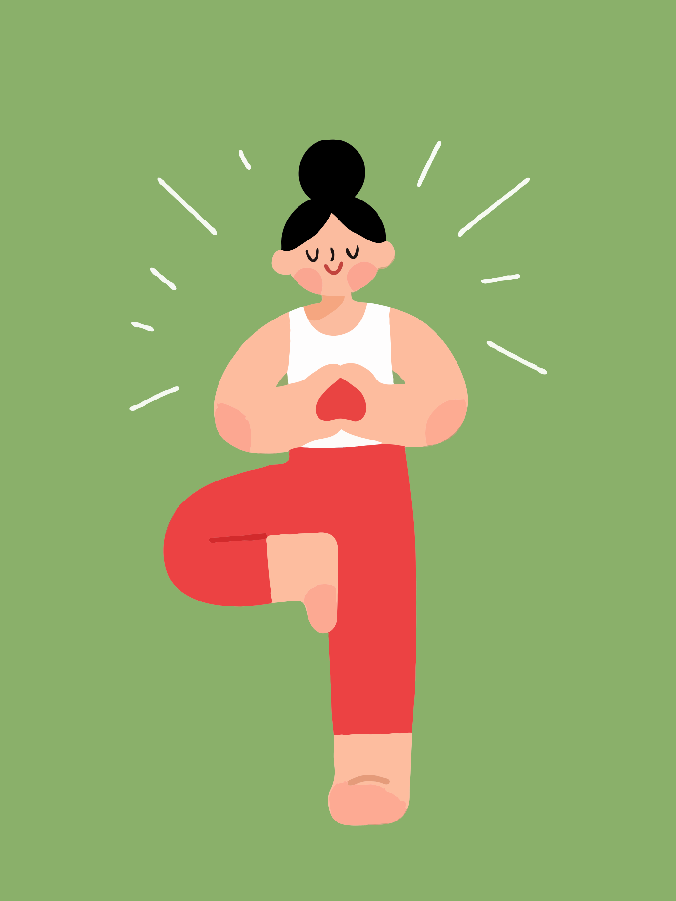 Femme en posture de yoga en arbre avec des mains en forme de cœur.