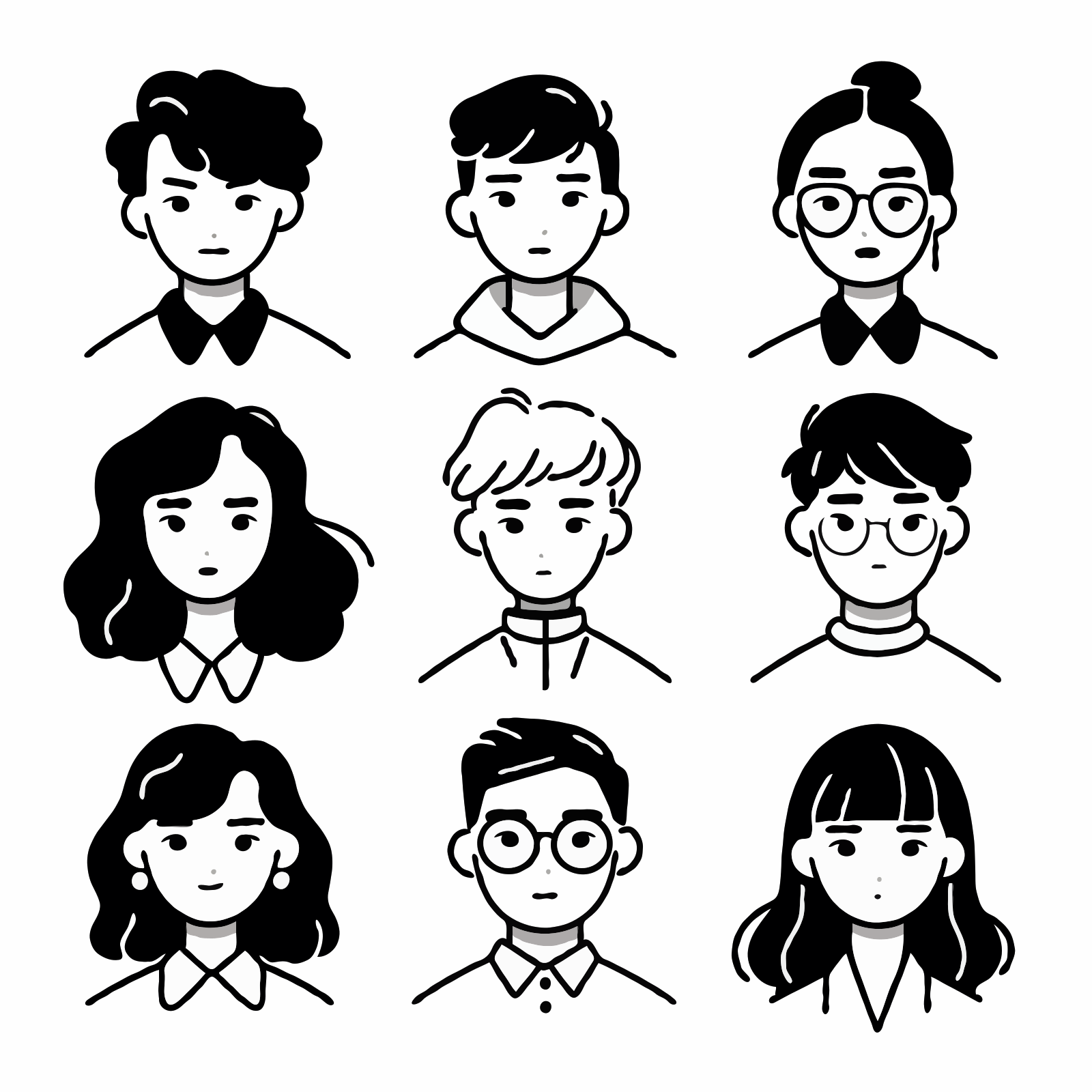 Nine minimalist black and white cartoon faces with various hairstyles.
