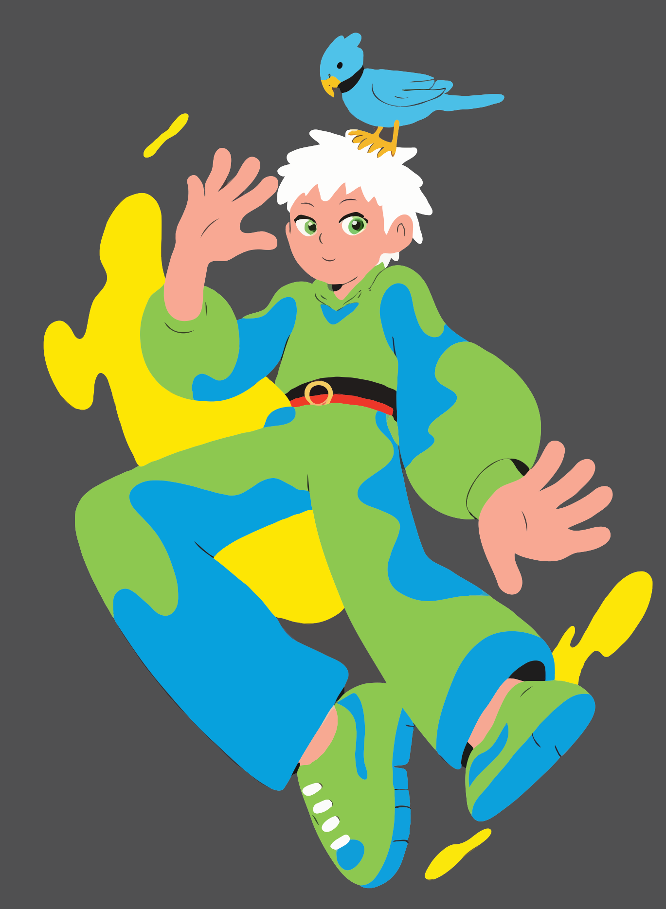 A cartoon figure with a blue bird on their head.