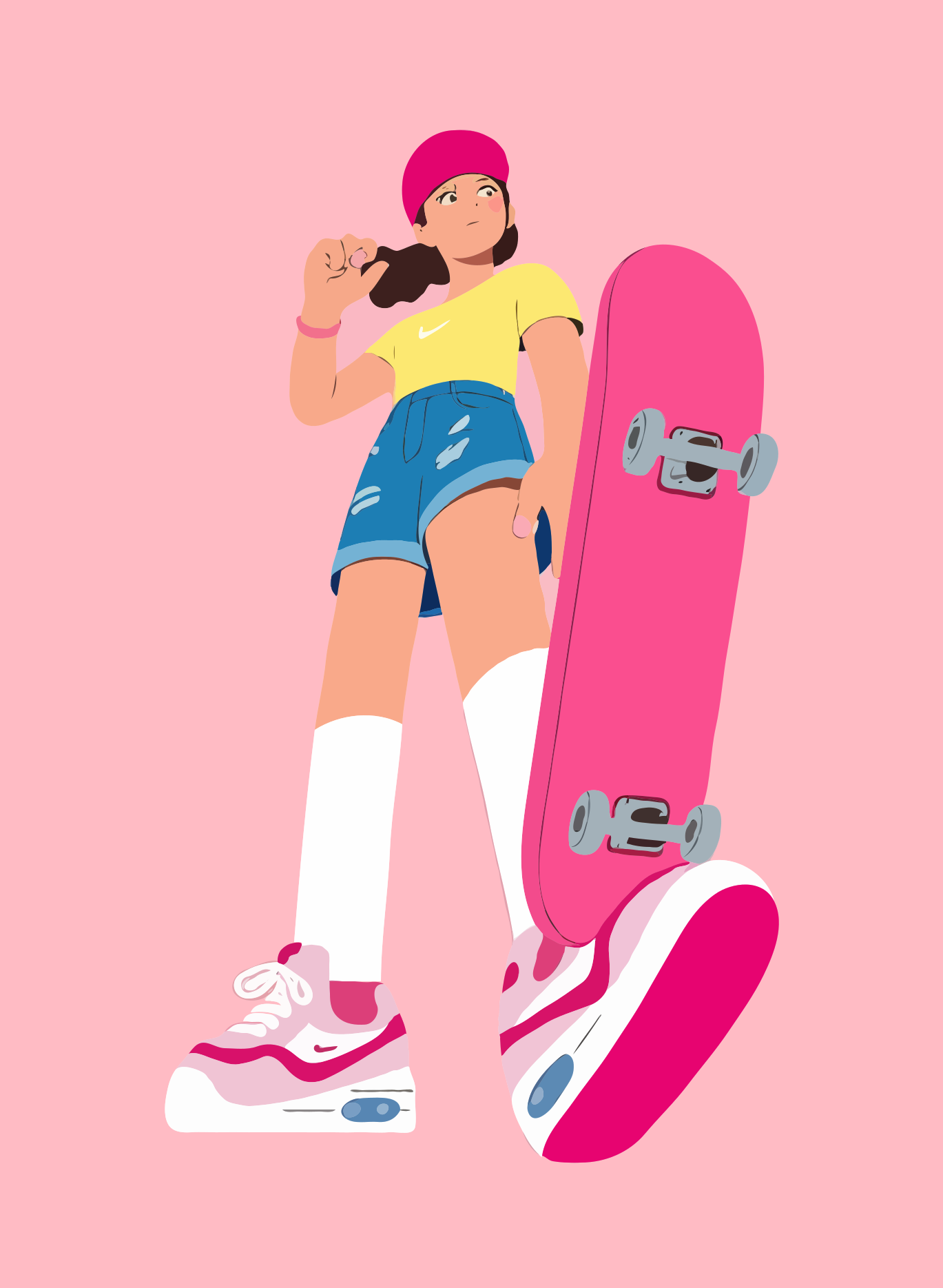 ピンクのベレー帽とショートパンツ、ピンクのスケートボードを履いた女の子。