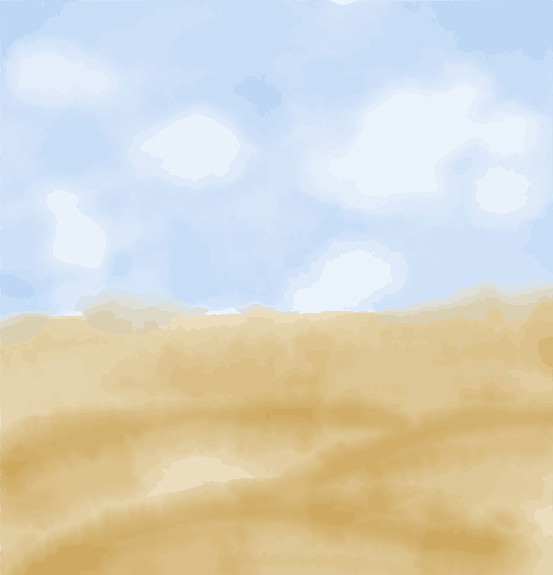 Paisagem desértica arenosa sob um céu azul nublado.