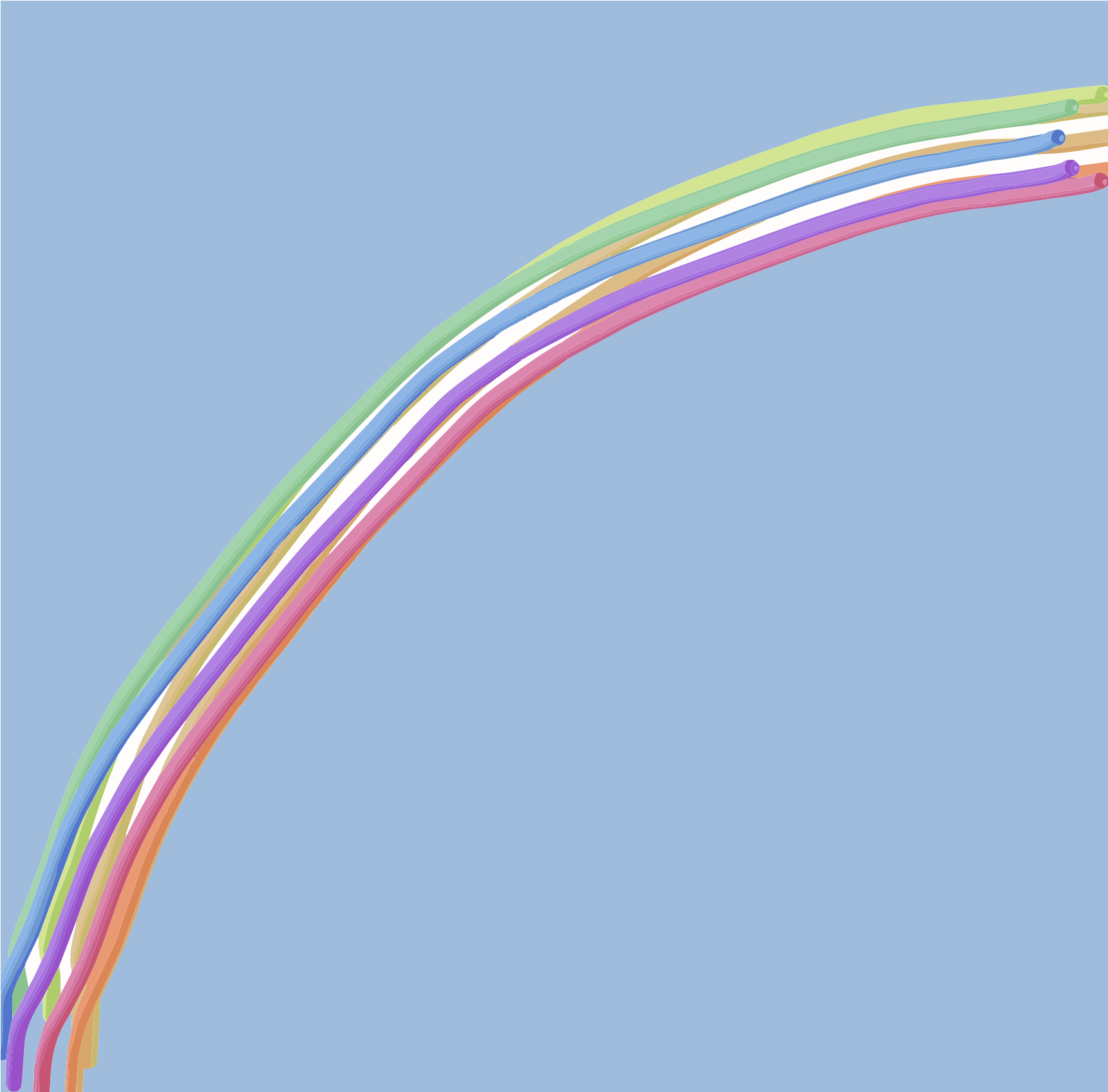 Un arco arcobaleno curvo su uno sfondo azzurro chiaro.
