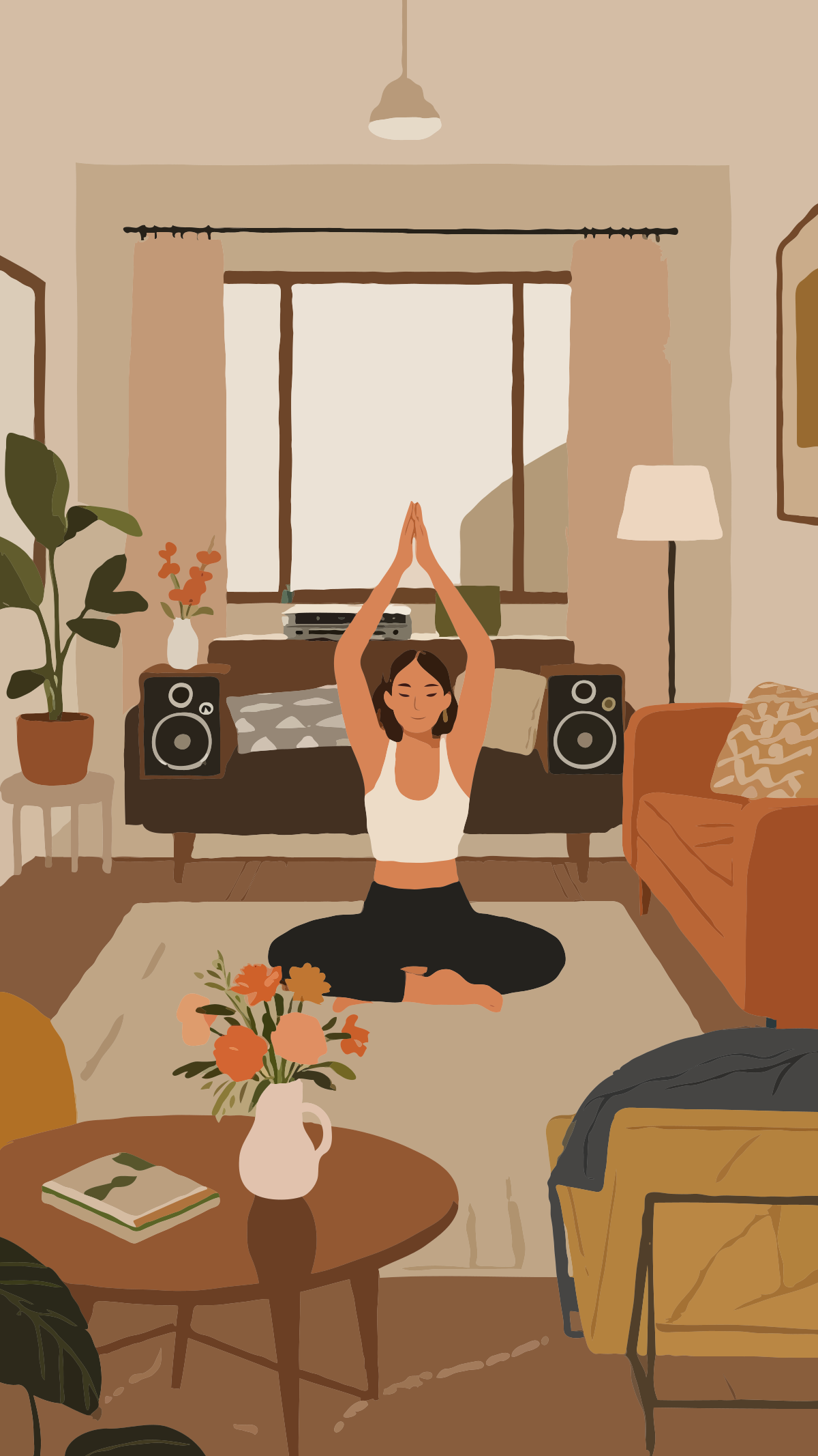 Una mujer meditando en un salón acogedor.