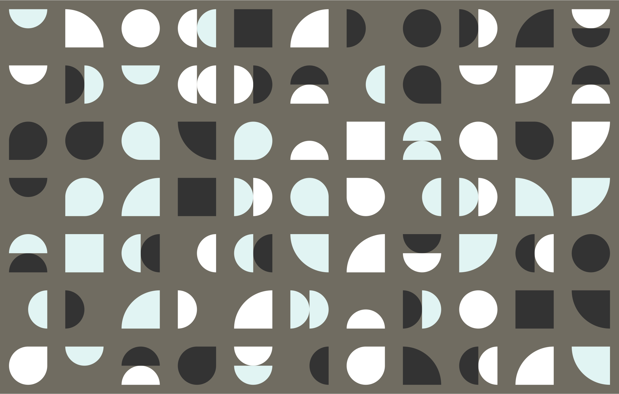 Abstraktes geometrisches Muster mit Quadraten, Kreisen und Kurven auf Grau.