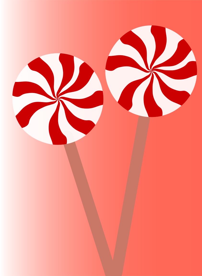 Dos piruletas en espiral rojas y blancas sobre fondo rojo.