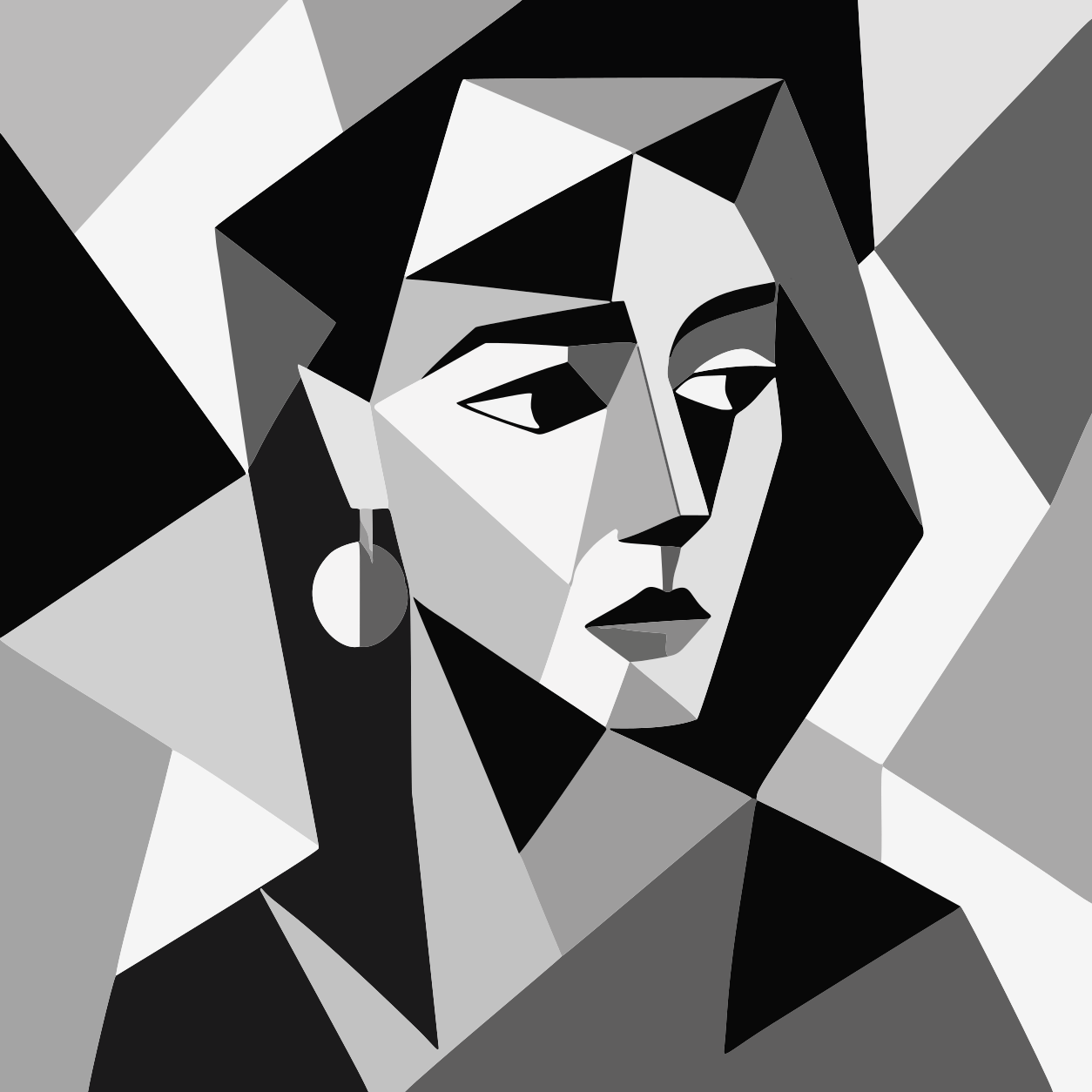 グレーの濃淡で描かれた女性の幾何学的肖像画。