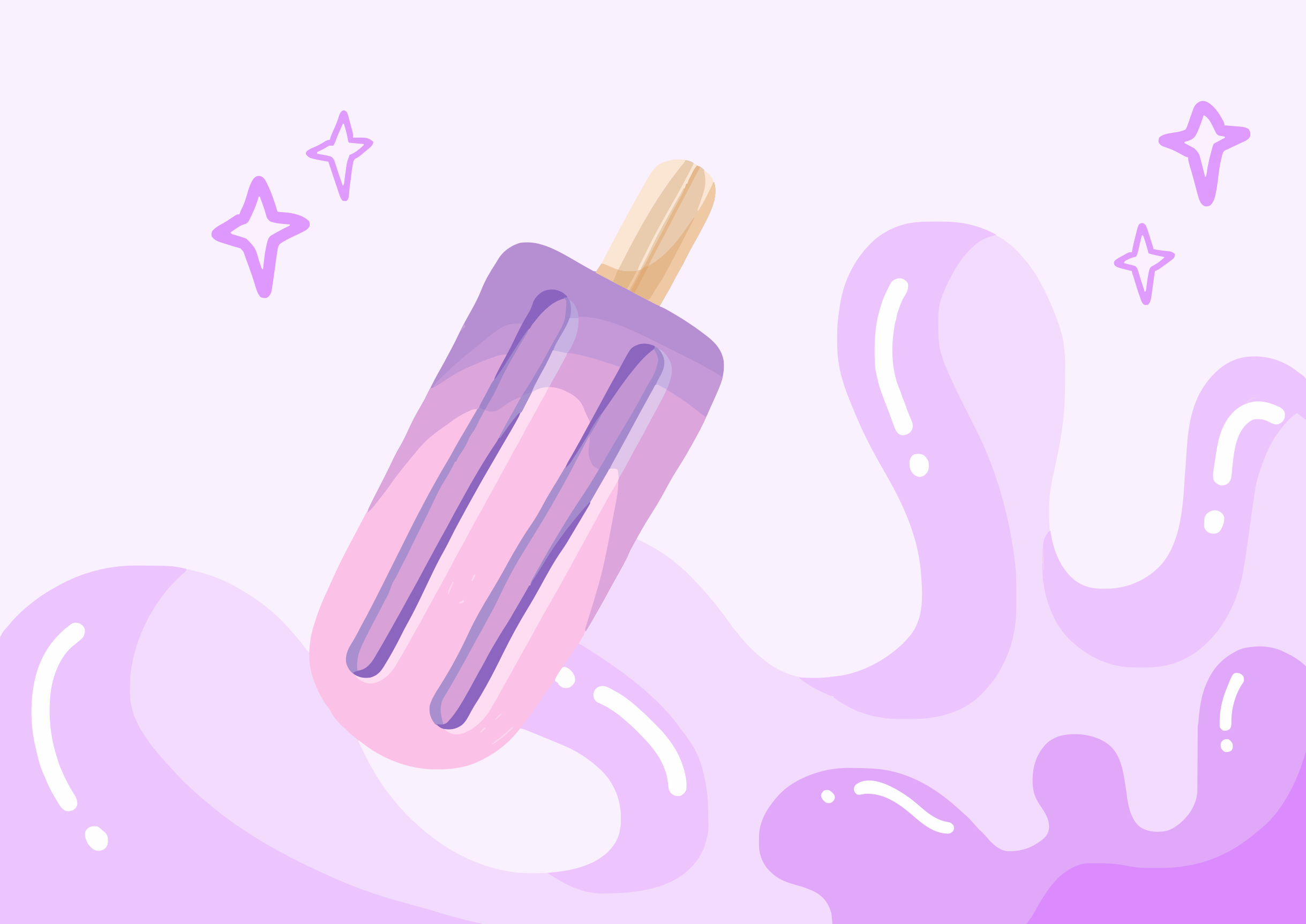 Picolé roxo e rosa com respingos líquidos e estrelas brilhantes