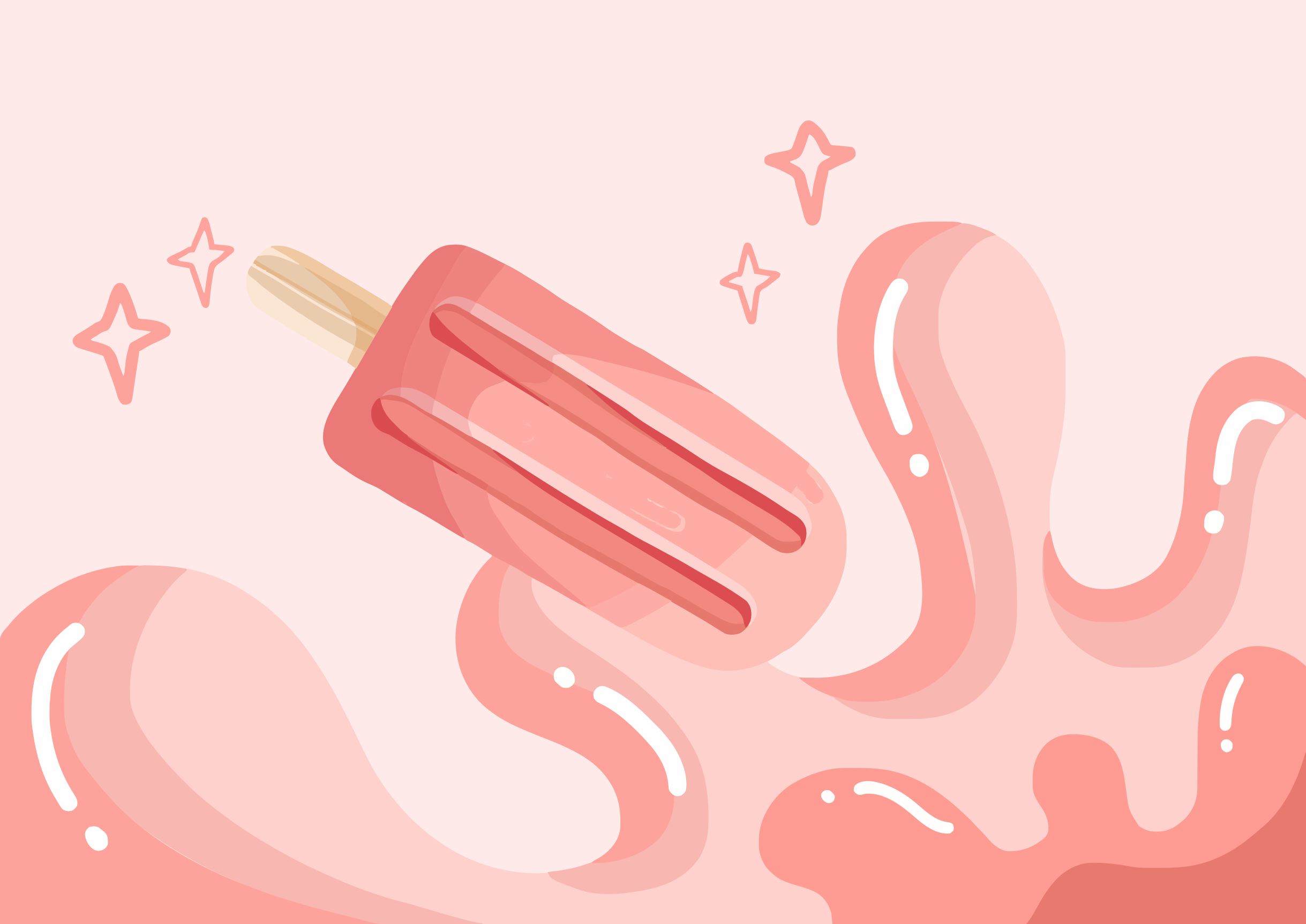 Um picolé rosa se espalhando em um líquido doce e rosa com brilhos.