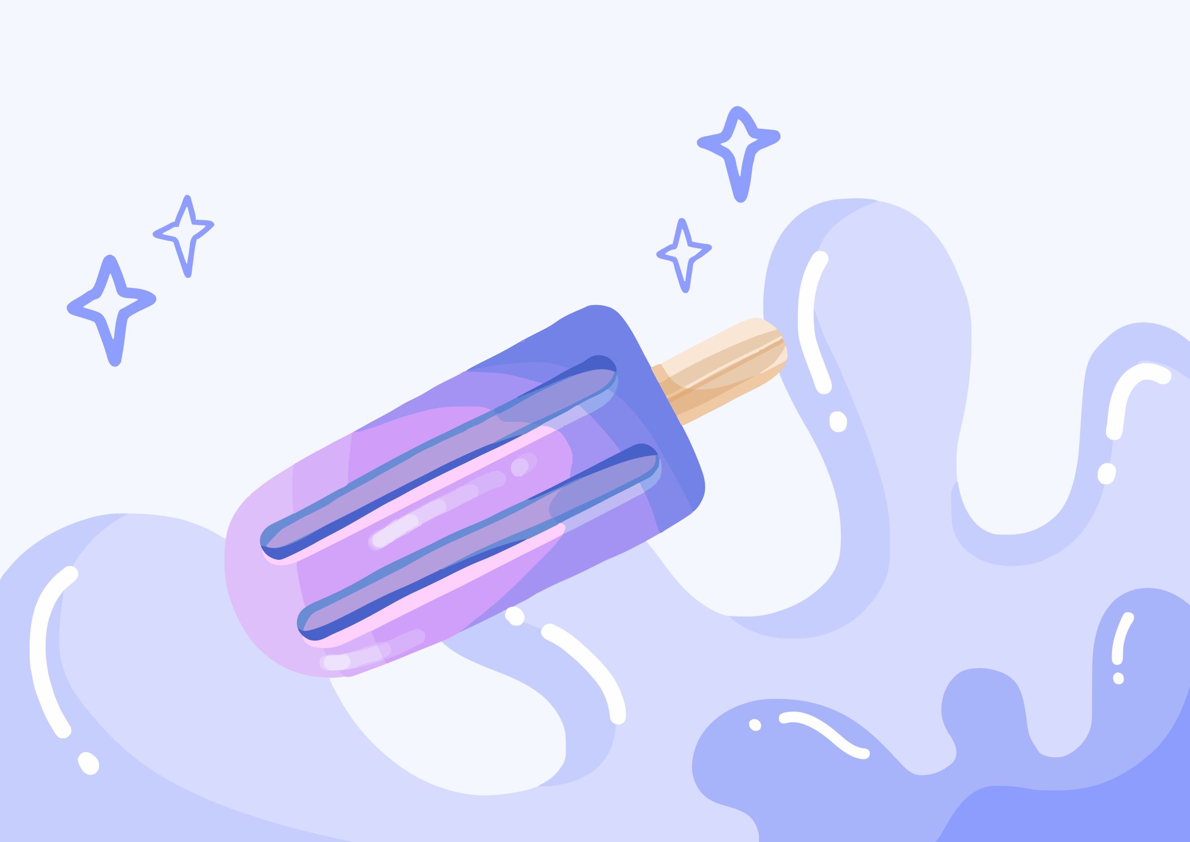 Um picolé roxo e rosa com respingos e brilhos