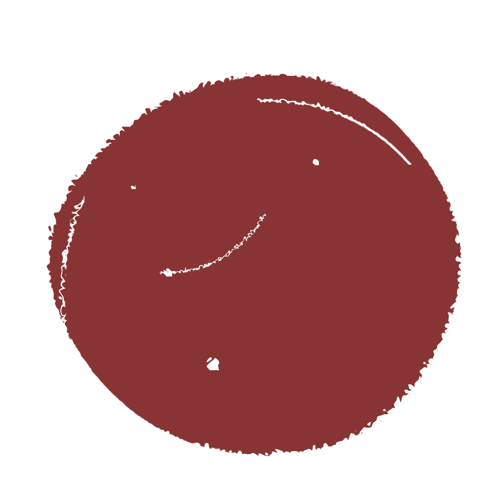 A dark red, irregular circle with a simple smiling face.