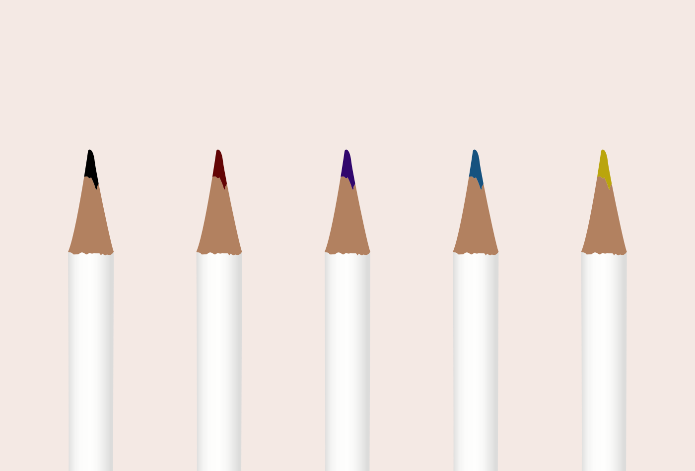 Cinco lápices de colores afilados con cuerpos blancos.