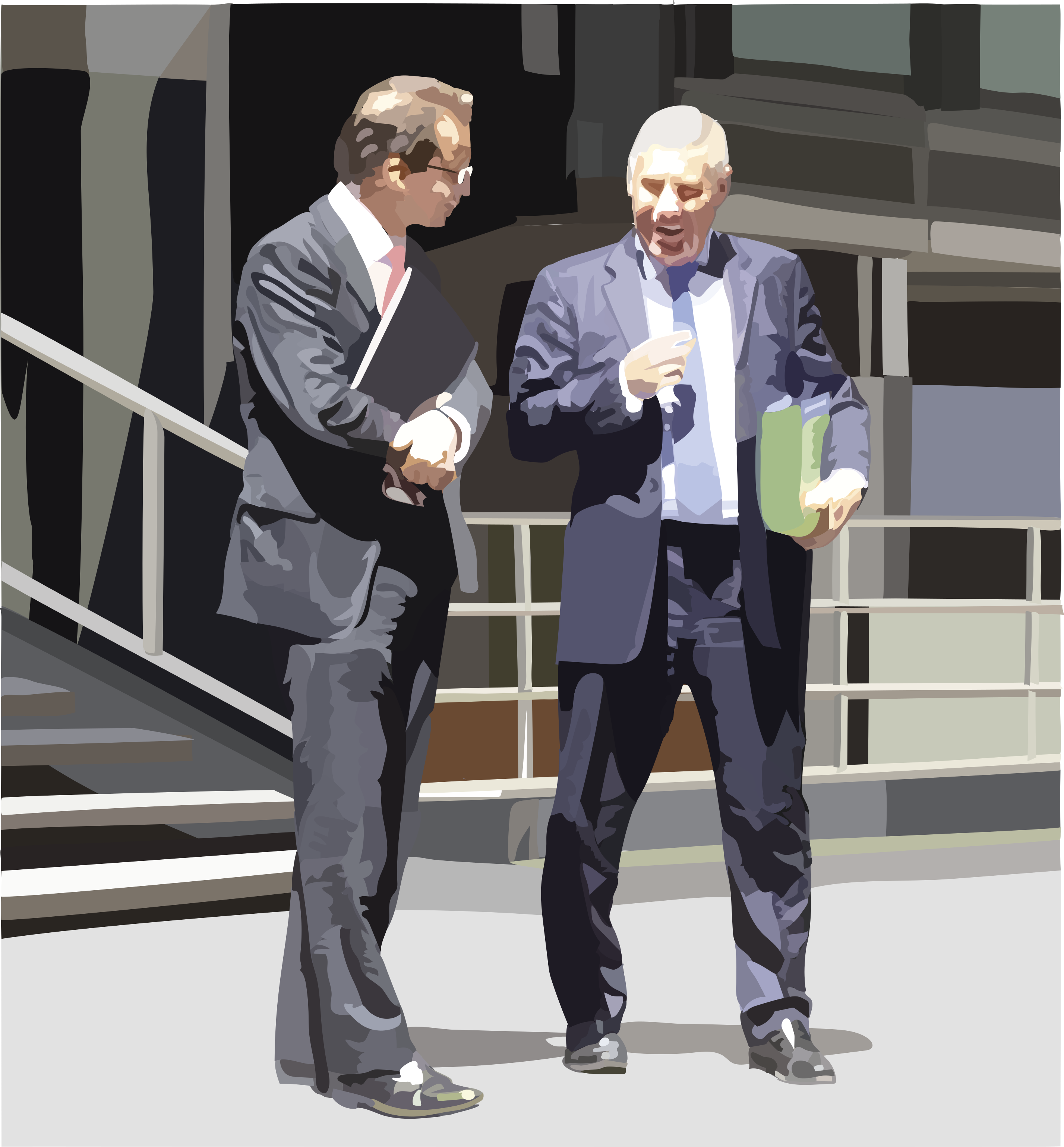 Two businessmen in suits talking outdoors.
