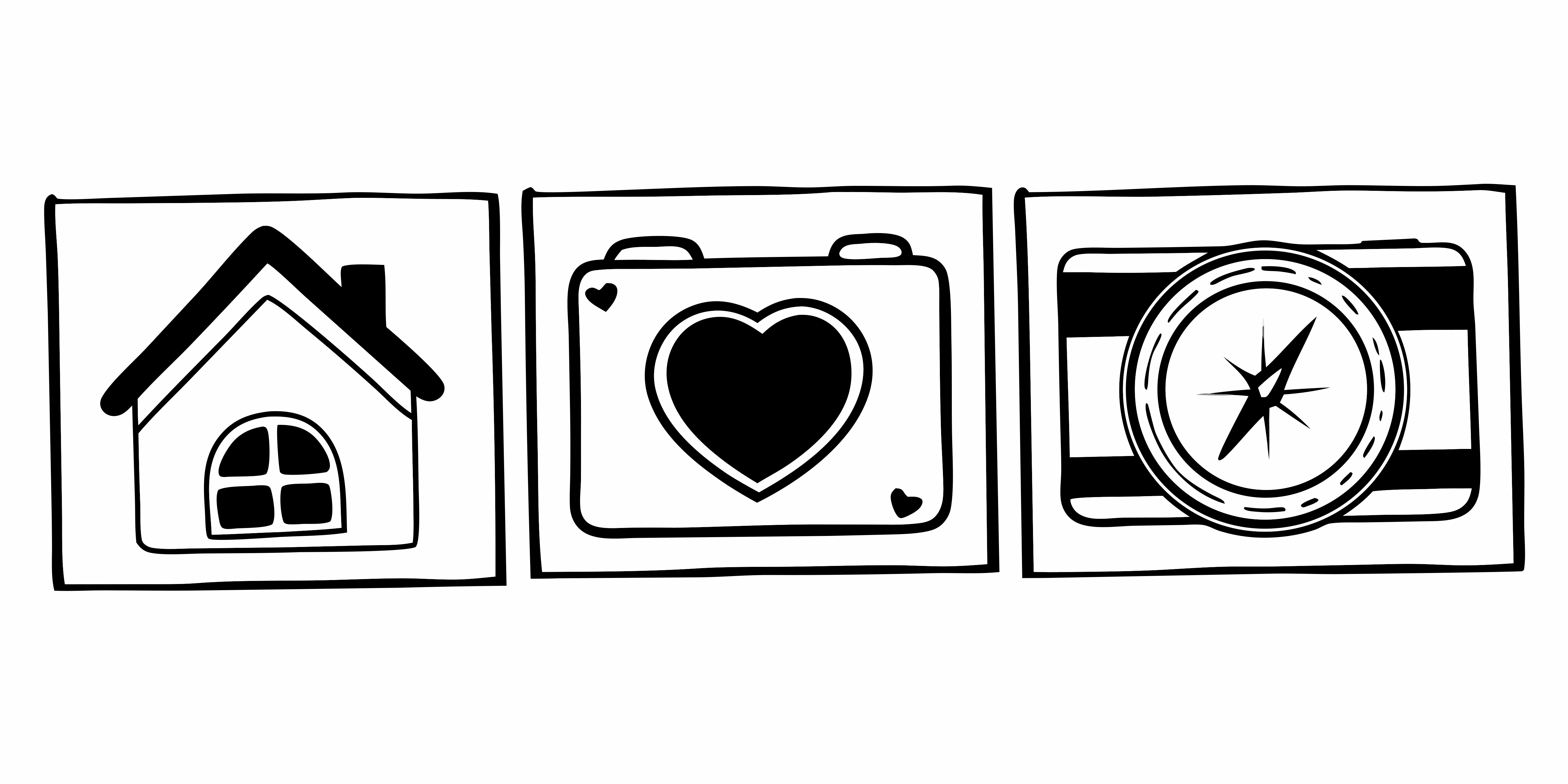Three hand-drawn icons: house, camera with heart, and compass.