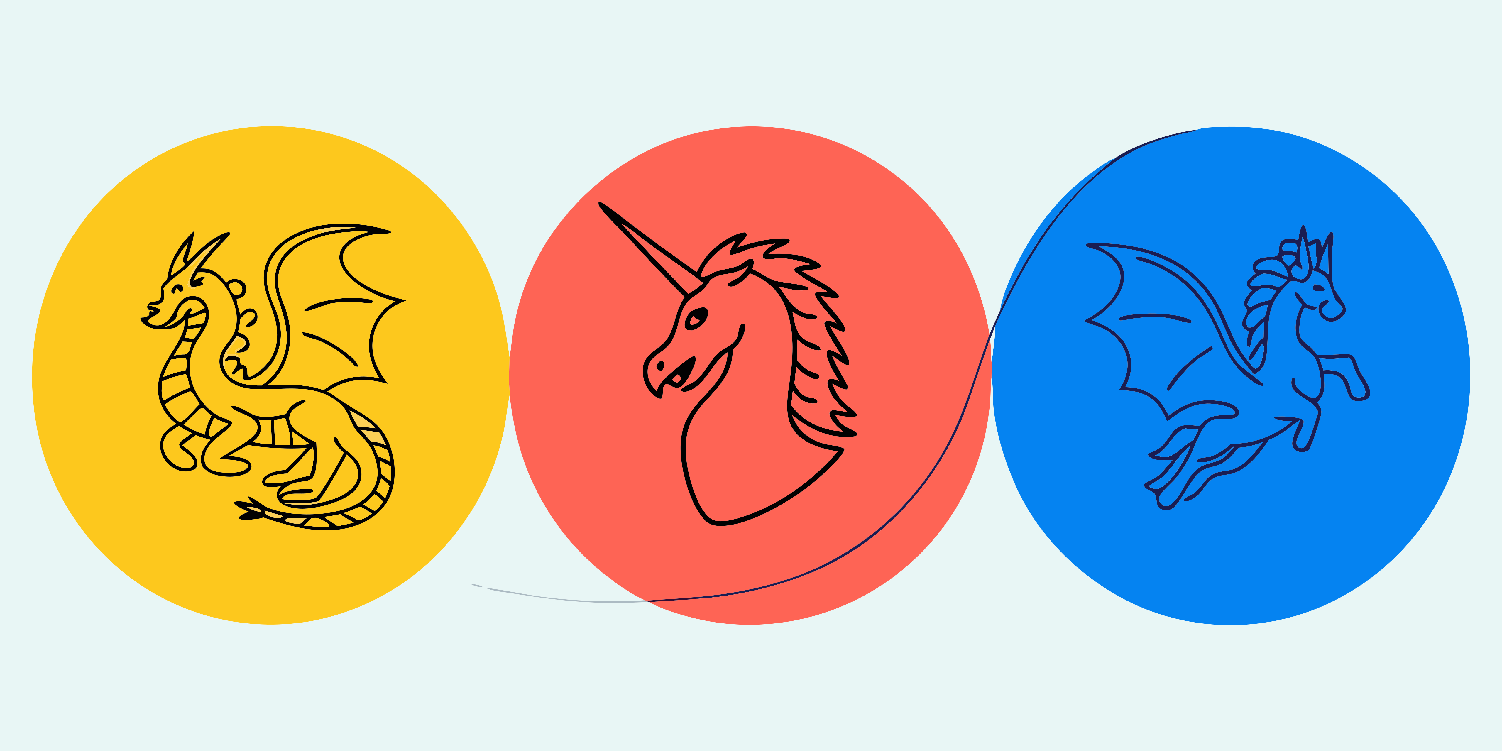Yellow dragon, red unicorn, and blue pegasus in circles.