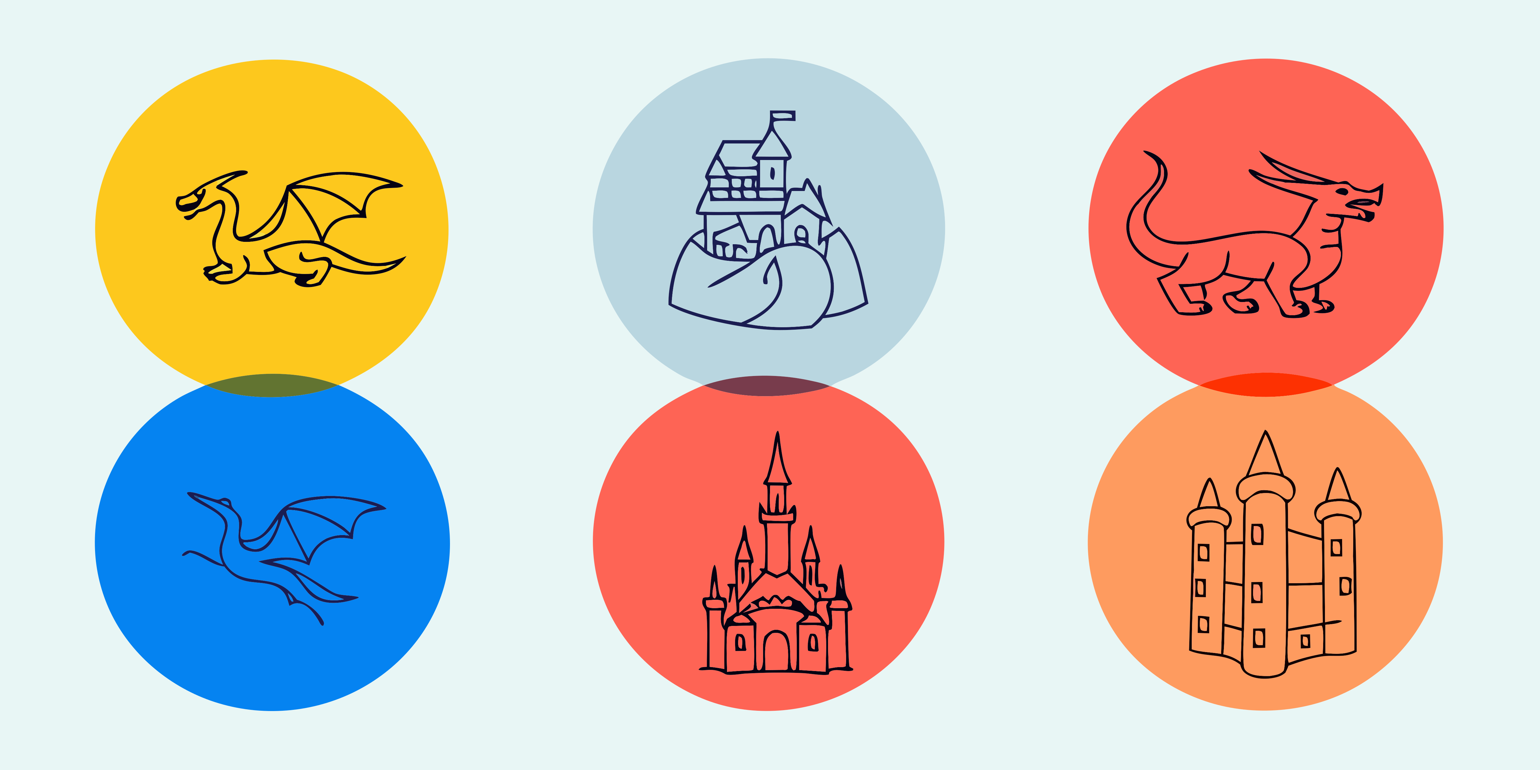 Dragons and castles illustrated in colorful, overlapping circular sections.