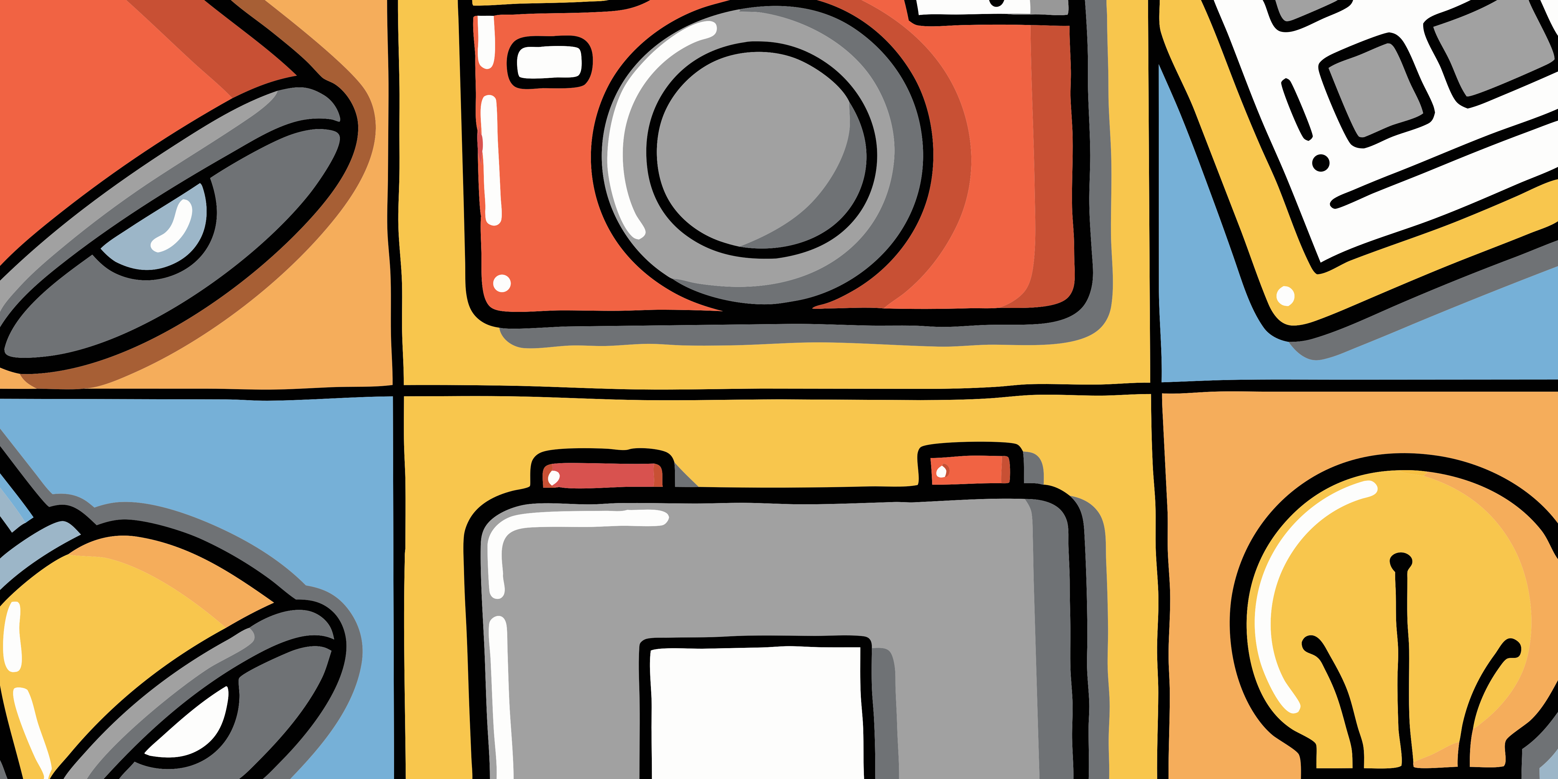 Cartoon grid of lamps, camera, clipboard, battery, and light bulb.