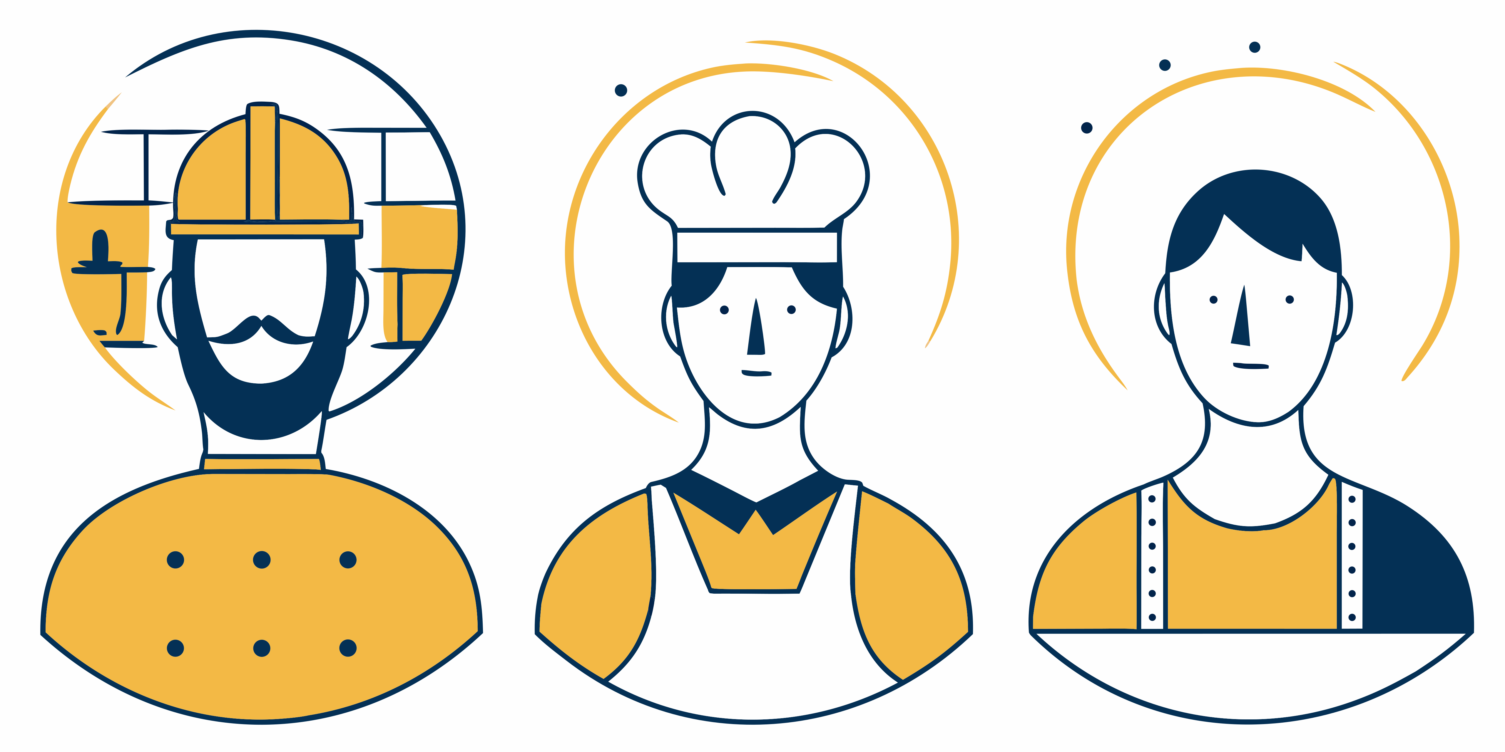 Three professional figures: construction worker, chef, and server.