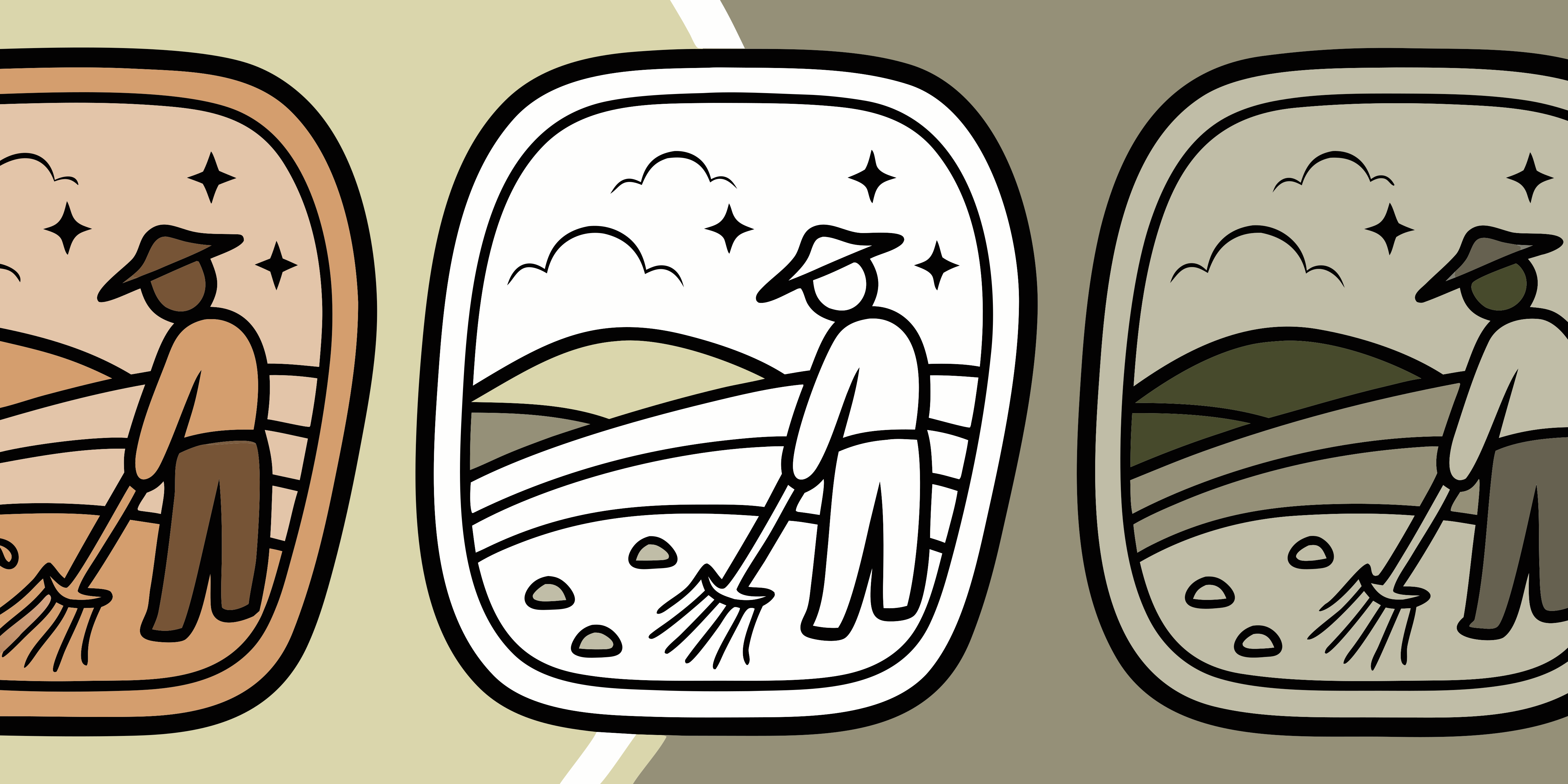 Three illustrations of a farmer raking a field.